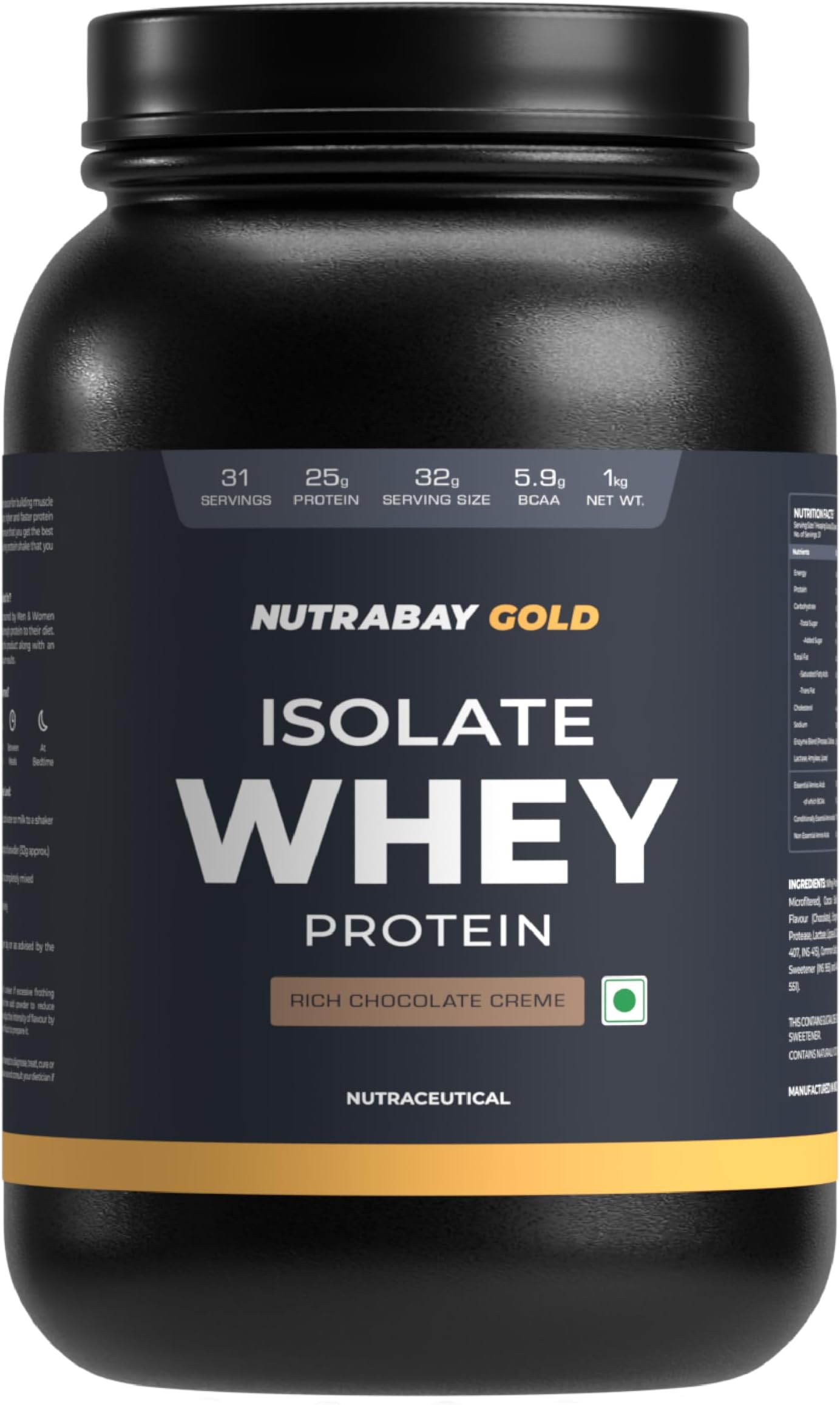 Gold Whey Protein Isolate Powder 25g Protein, 5.9g BCAA per Serving, Easy to Digest, NABL Lab Tested โ Muscle Growth & Recovery โ 1kg, Rich Chocolate Creme|100% Authentic Clean Protein