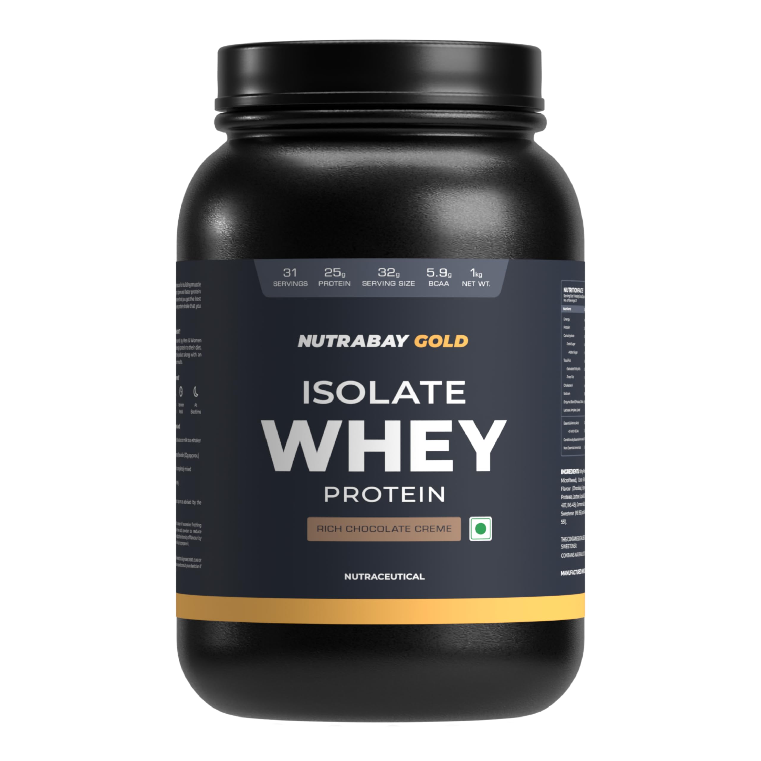 Nutrabay Gold Whey Protein Isolate Powder 25g Protein, 5.9g BCAA per Serving, Easy to Digest, NABL Lab Tested – Muscle Growth & Recovery – 1kg, Rich Chocolate Creme|100% Authentic Clean Protein
