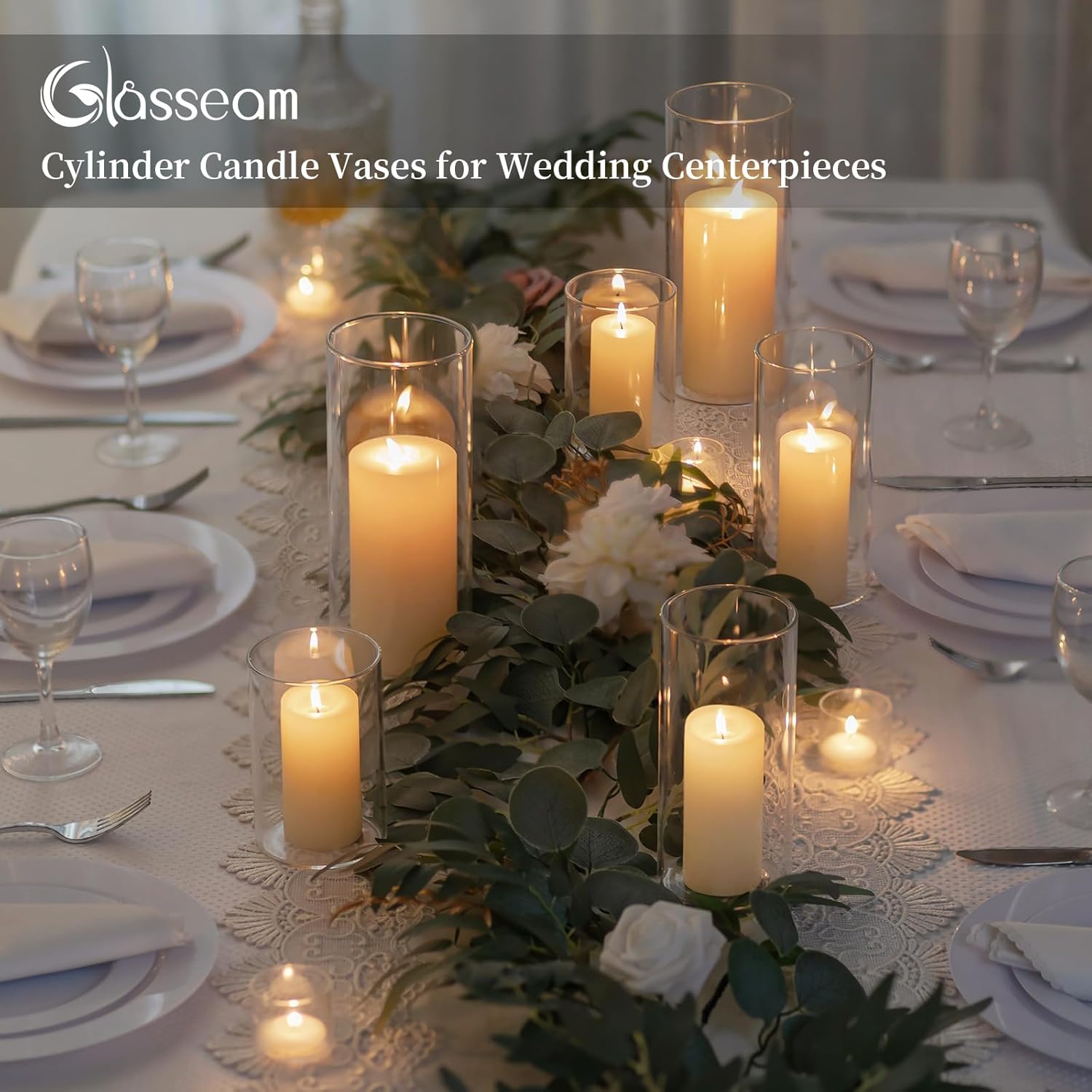 Glasseam Hurricane Glass Candle Holders: 3 Pcs Clear Cylinder Vases for Centerpieces Large Pillar Candle Holder for Floating Candles Modern Home Decor Wedding Table 5.3'' 7.3'' 9.5'' Height - Image 3