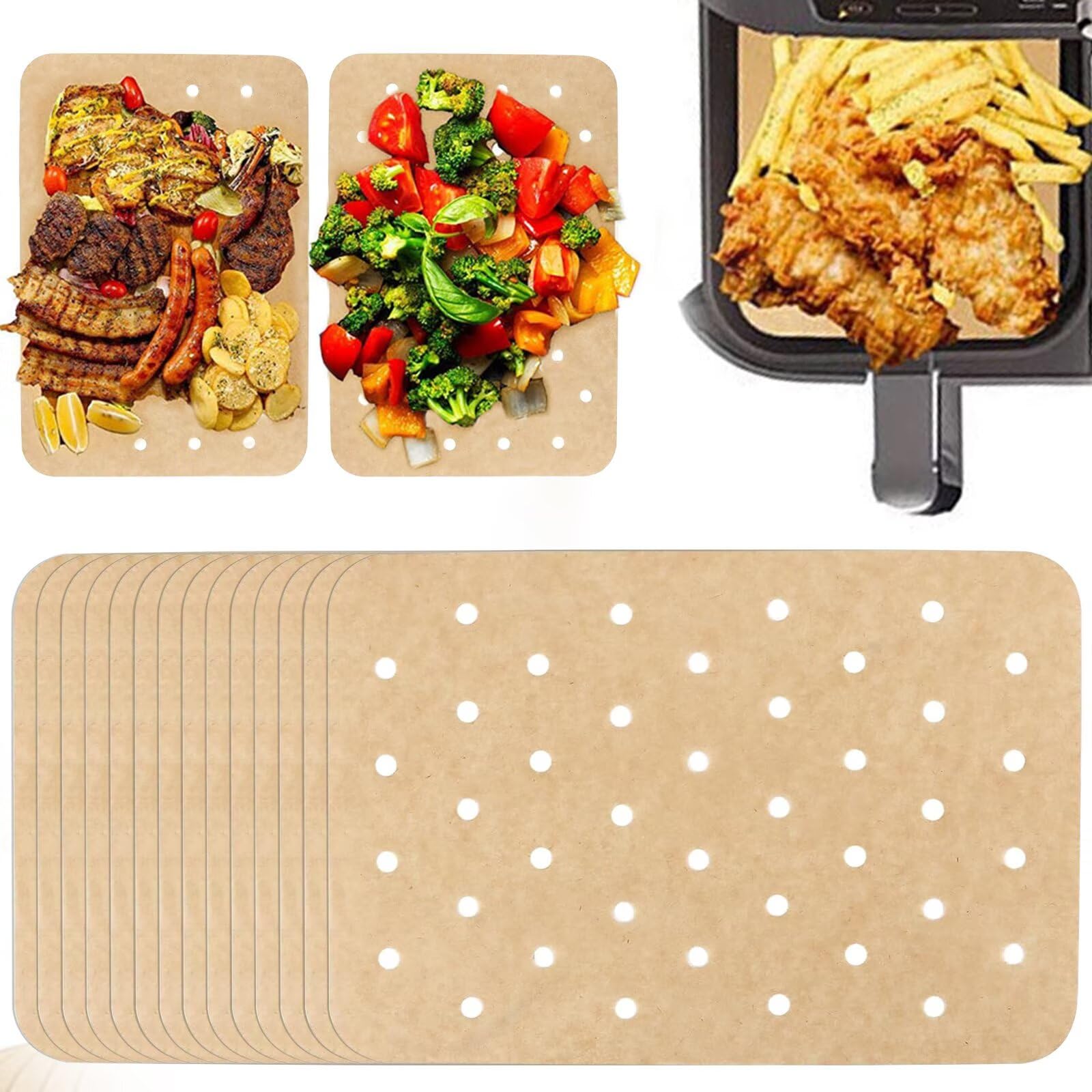 Air Fryer Liners, 200 Sheets Disposable Baking Parchment Paper, 20.5 x 14cm Rectangle Non-Bleached Baking Paper, Perforated Non-Stick Parchment Paper for Baking, Cooking, Grilling, Frying and Steaming