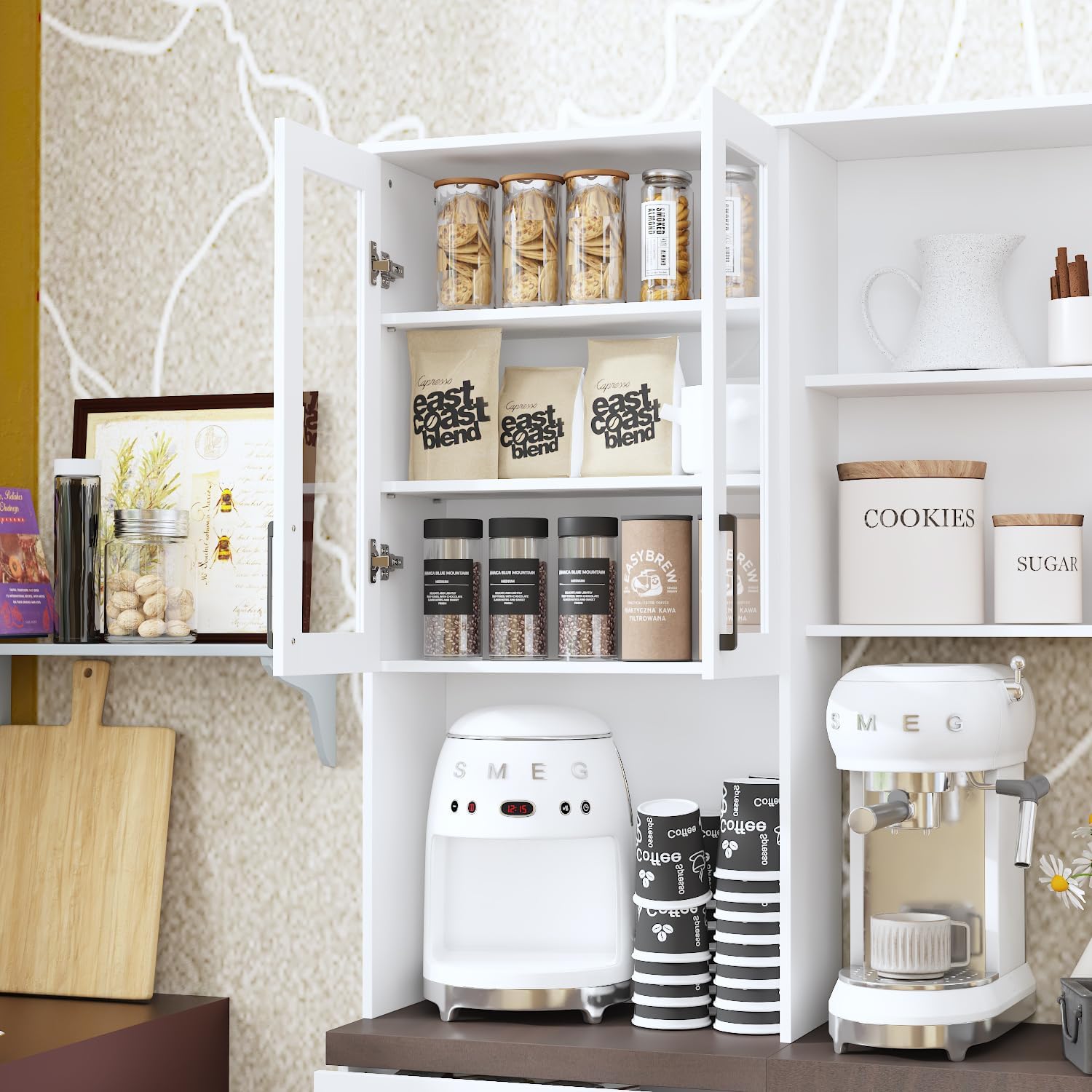 ECACAD 94.5" W Kitchen Pantry with Countertop, 12 Drawers & 4 Glass Doors, Modern Wooden Cupboard Storage Cabinet with 6 Hidden Shelves & 4 Open Shelves for Dining Room, White