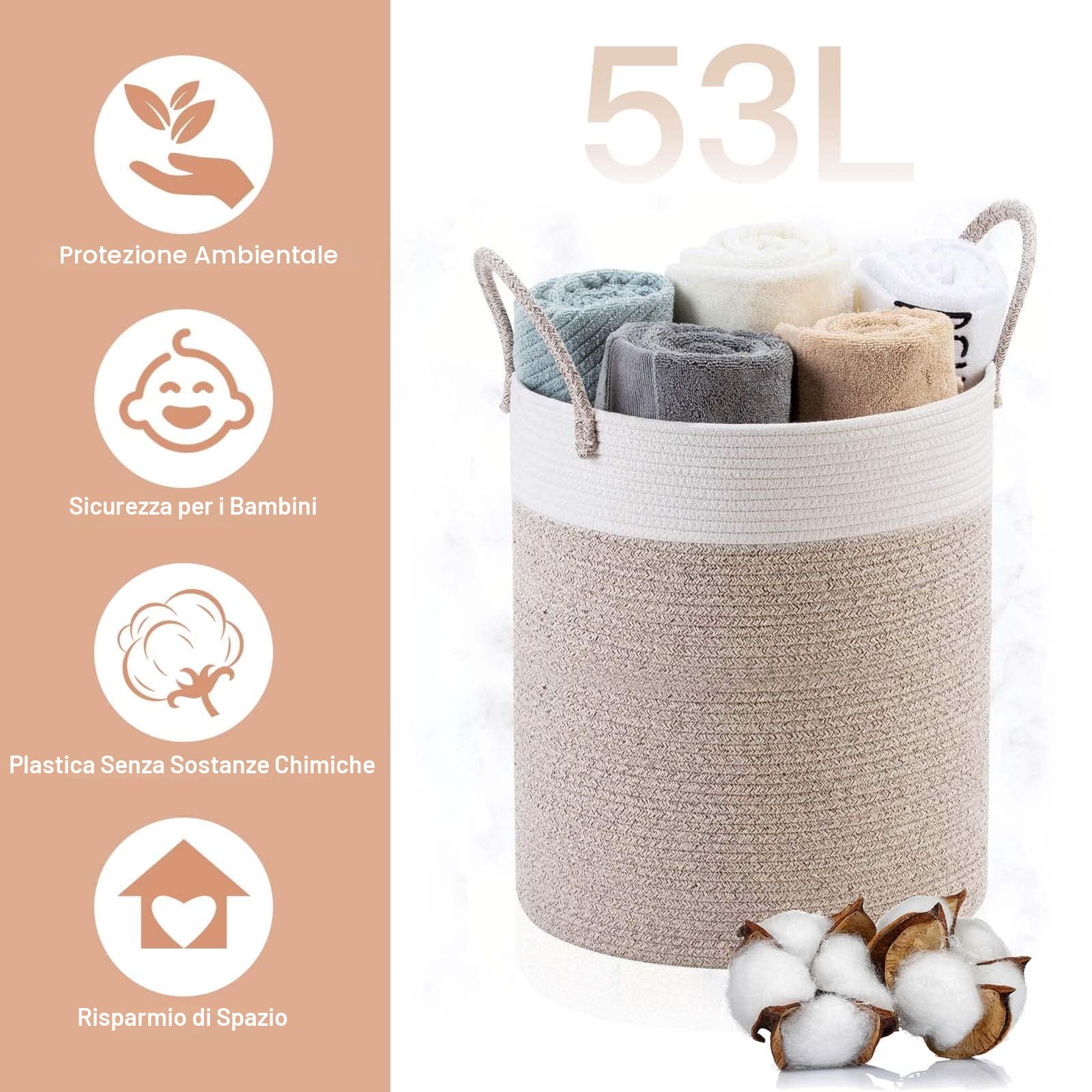 Cesto Portabiancheria Pieghevole con Manico Intrecciato Ceste Vimini Grandi Cestino Fatto a Mano in Corda di Cotone per Biancheria per Libri, Giocattoli, Coperte(46 x 38 cm)