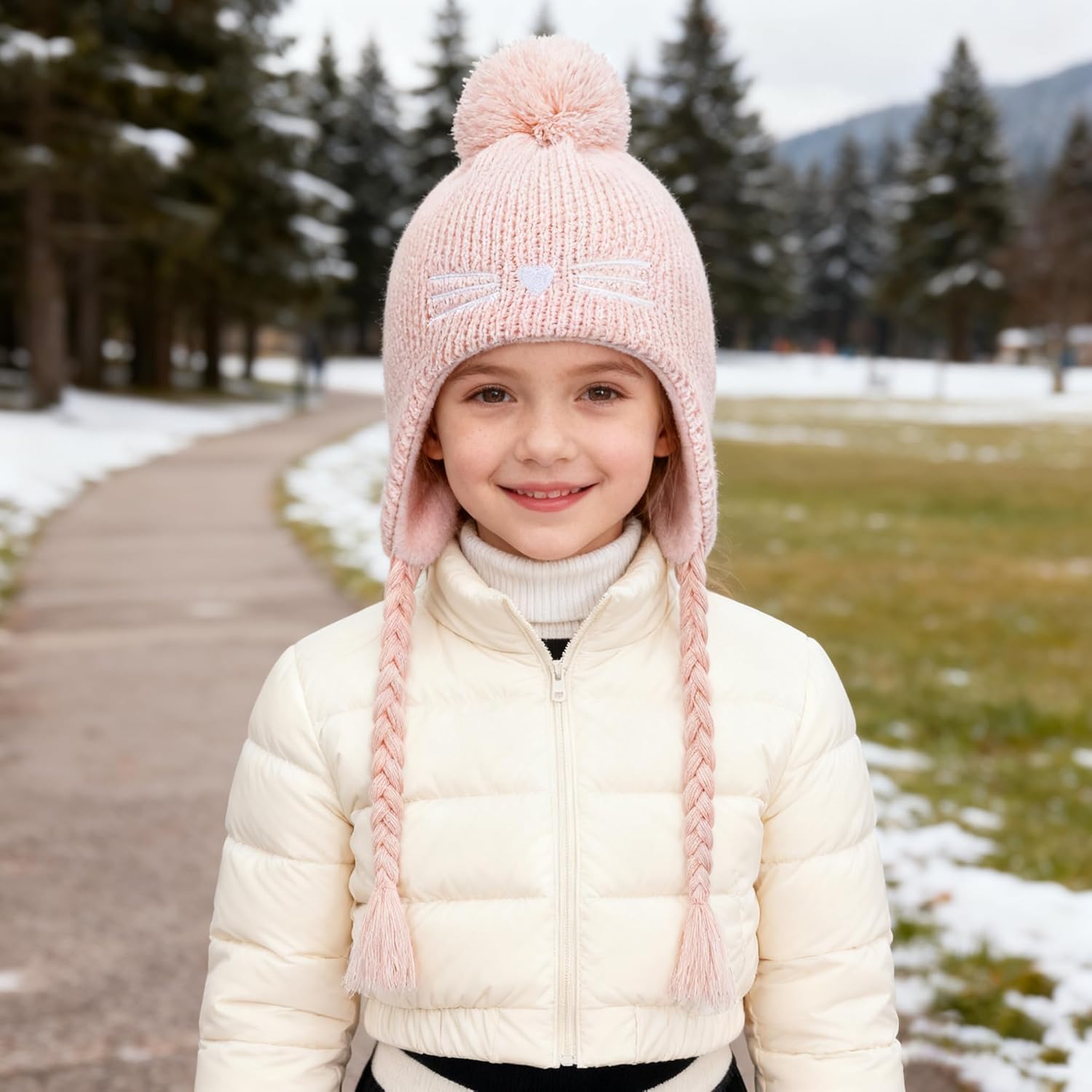 Girls Winter Hat Gloves Set, Kids Cat Embroidered Knit Beanie with Earflaps Fleece Lined Pom Ski Cap Christmas Gifts for 4-8Y - Image 3