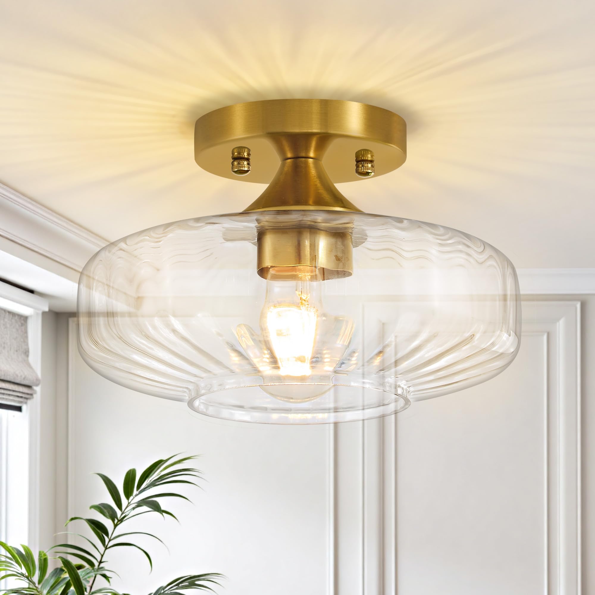Actask Ceiling Lights, 9.84'' Gold Chandeliers Ceiling Light, 1-Light Semi Flush Ceiling Lighting Fixture with Clear Striped Glass Shade for Hallway Bedroom Kitchen Dining Room