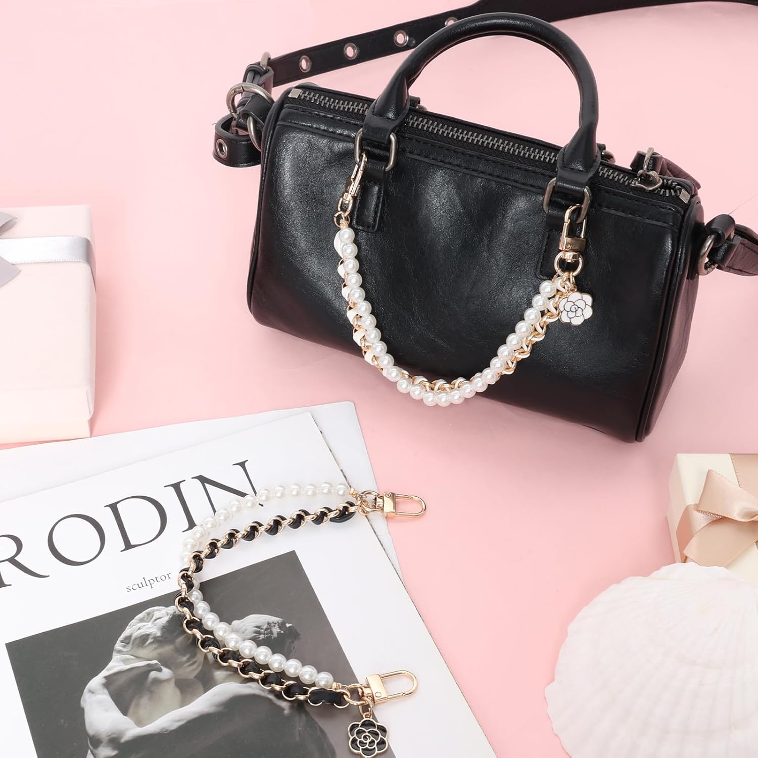 Nfvjfxz 2 Pack Pearl Purse Extender Chains 10.2 Inch Decorative Bag Chains with Flower Pendant for Handbags Wallet Phone Keychain Black and White - Image 2