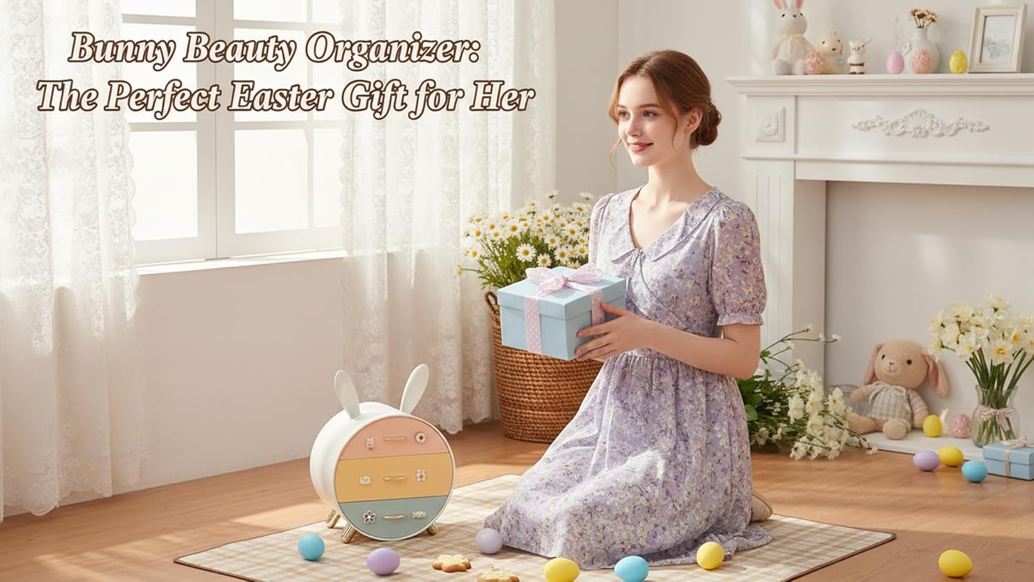 Makeup Organizer and Storage for Perfumes Cosmetics Jewelry,Easter Bunny Box for Countertop, skincare Cabinet Bins 3 draws Stackable Vanity Organizer for Dresser and Bathroom Countertop(White Ear)