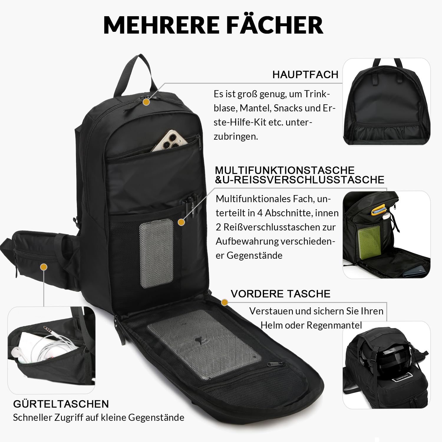 Fahrradrucksack Wanderrucksack Klein für Herren & Damen, Skirucksack Schwarz Sport Rucksack für Fahrrad, Ski, Motorrad, Snowboard,Wandern
