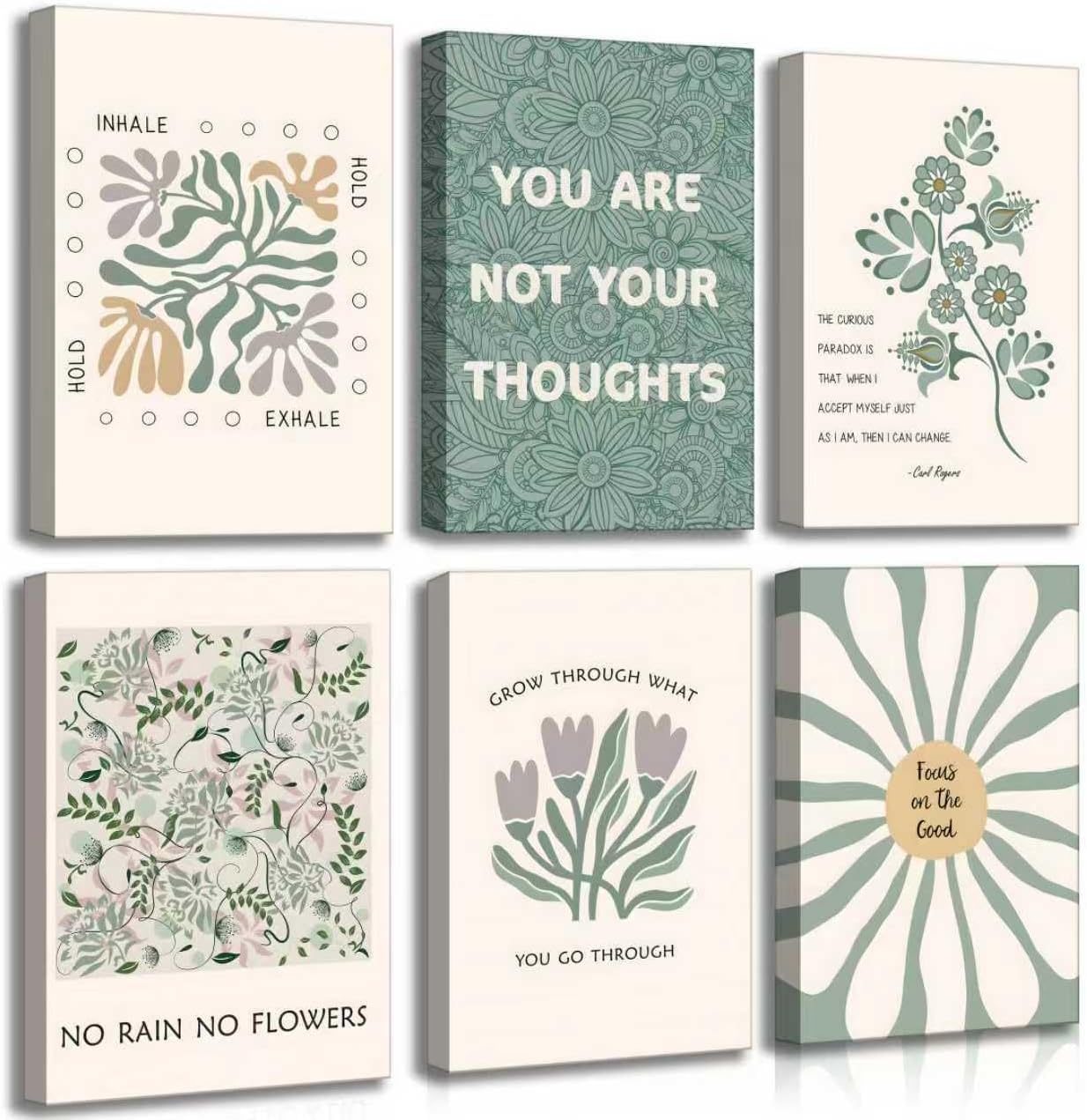 6 Pcs Mental Health Canvas Wall Art Psychology Therapy Motivational Quotes Green abstract Boho floral Pictures Poster Wall Decor Print Artwork for Bedroom Office Home Decoration