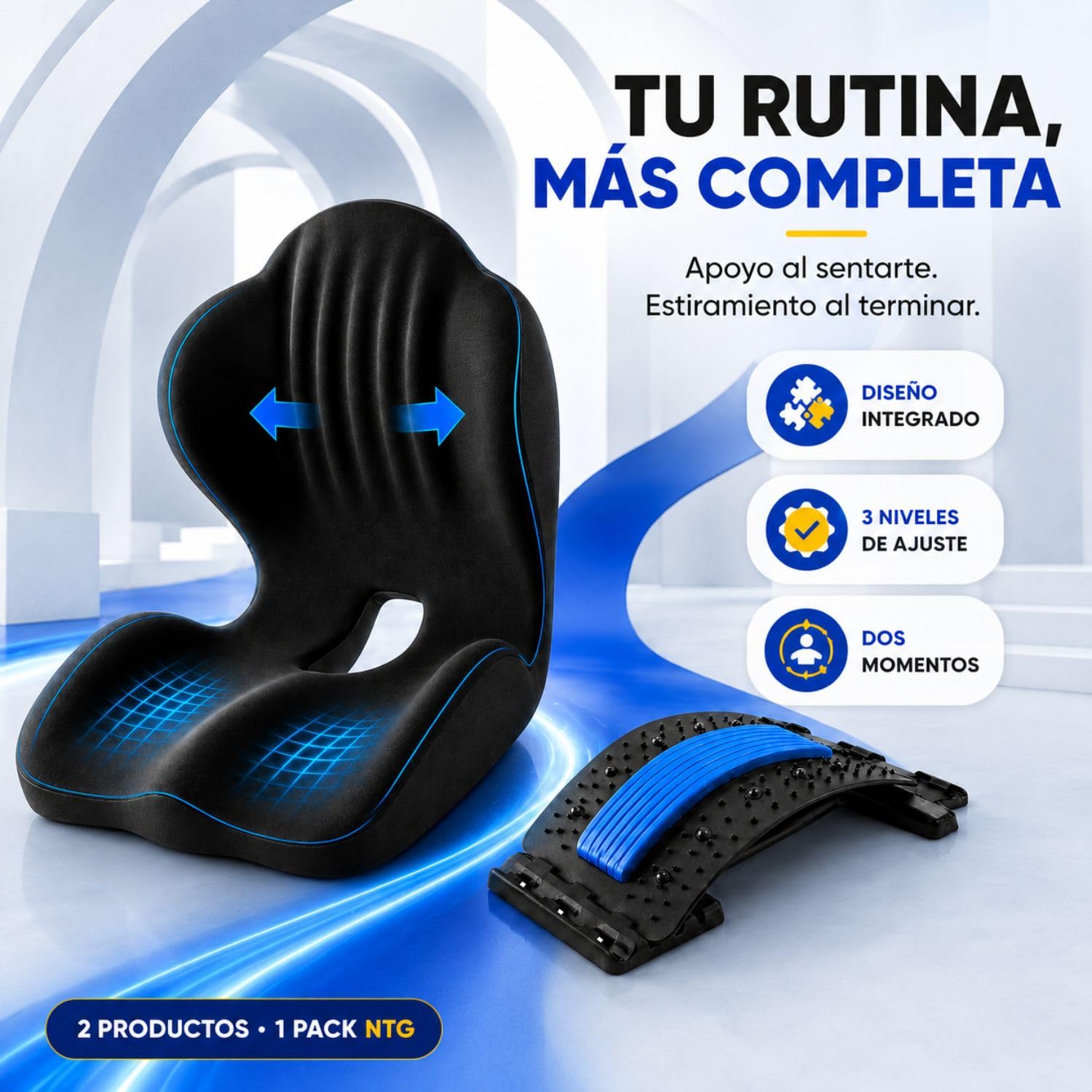 Pack cojín ergonómico y estirador Lumbar Ajustable