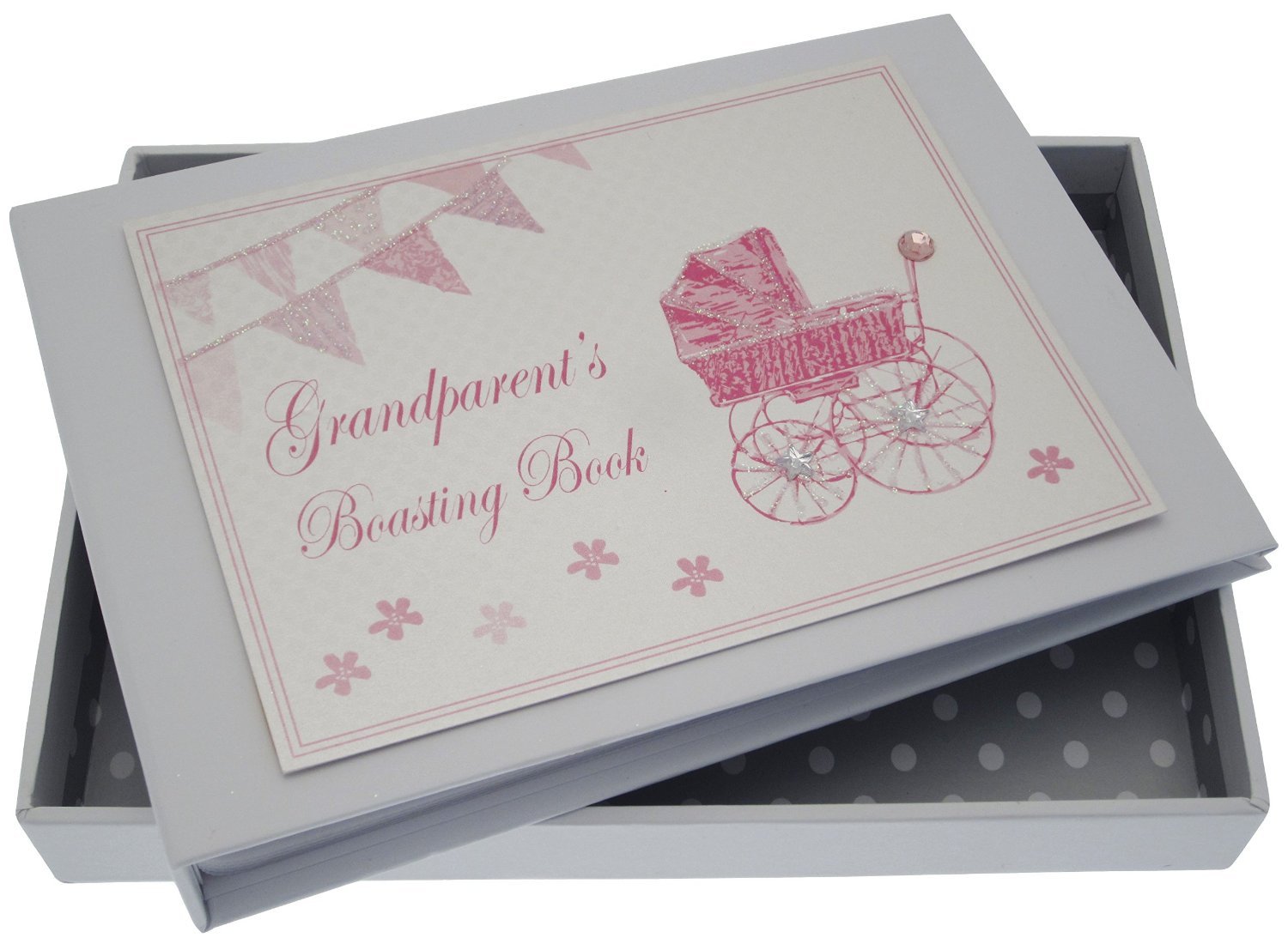 Grandparent's Boasting Book Tiny Album ( Pram And Bunting) Pink White Cotton Cards