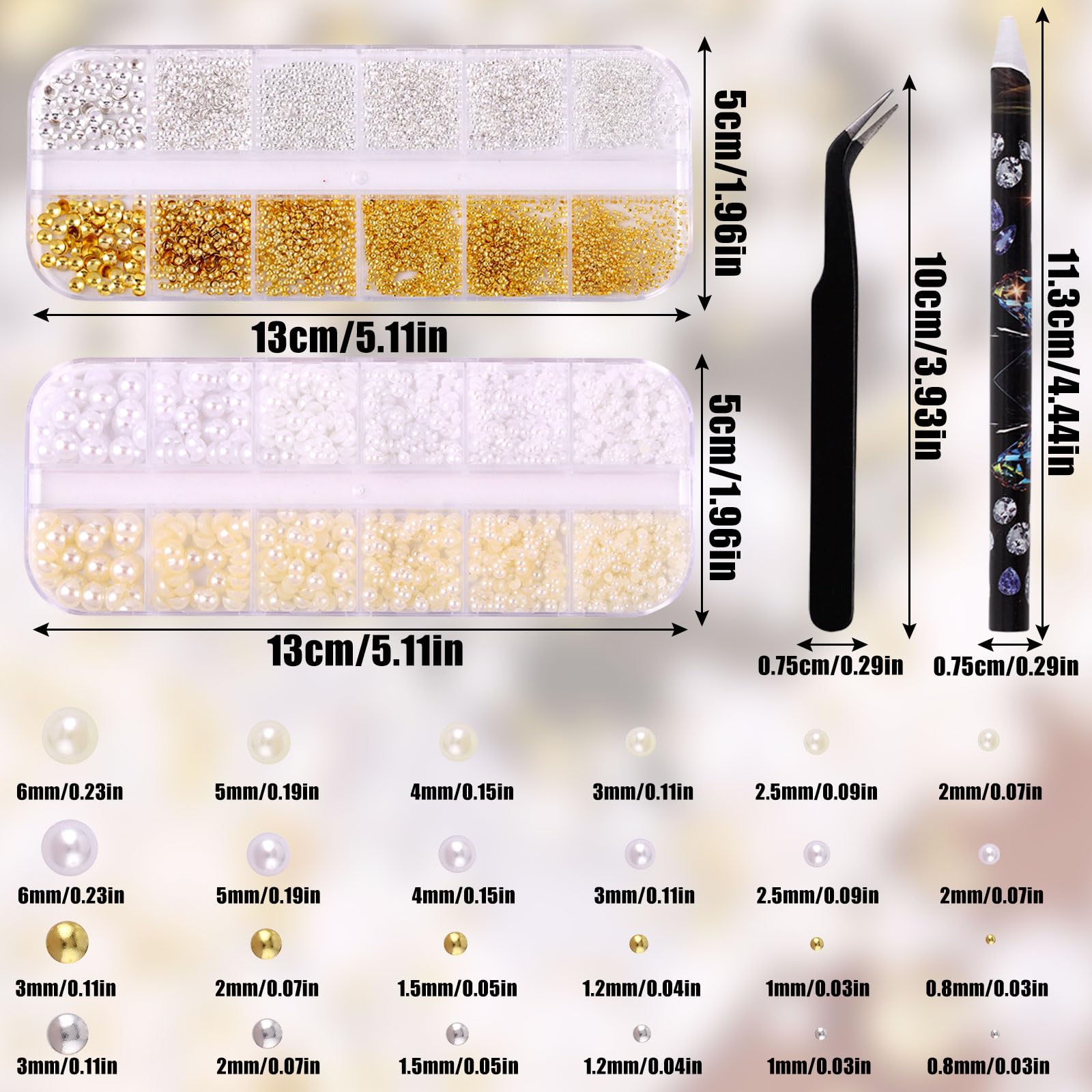 Nail Charms,2 Boxes Flackback Pearl Nail Charms and Gold Silver Beads with Pickup Pencil and Tweezer,Nail Pearls Rhinestones Kit for Nails Art Supplies Face Makeup and Crafting