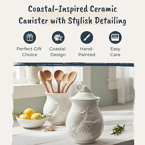 Vista 4 de Blue Sky Clayworks Laguna - Recipiente costero, de cerámica, 6 pulgadas de largo x 6 pulgadas de ancho x 9.5 pulgadas de alto, color blanco concha