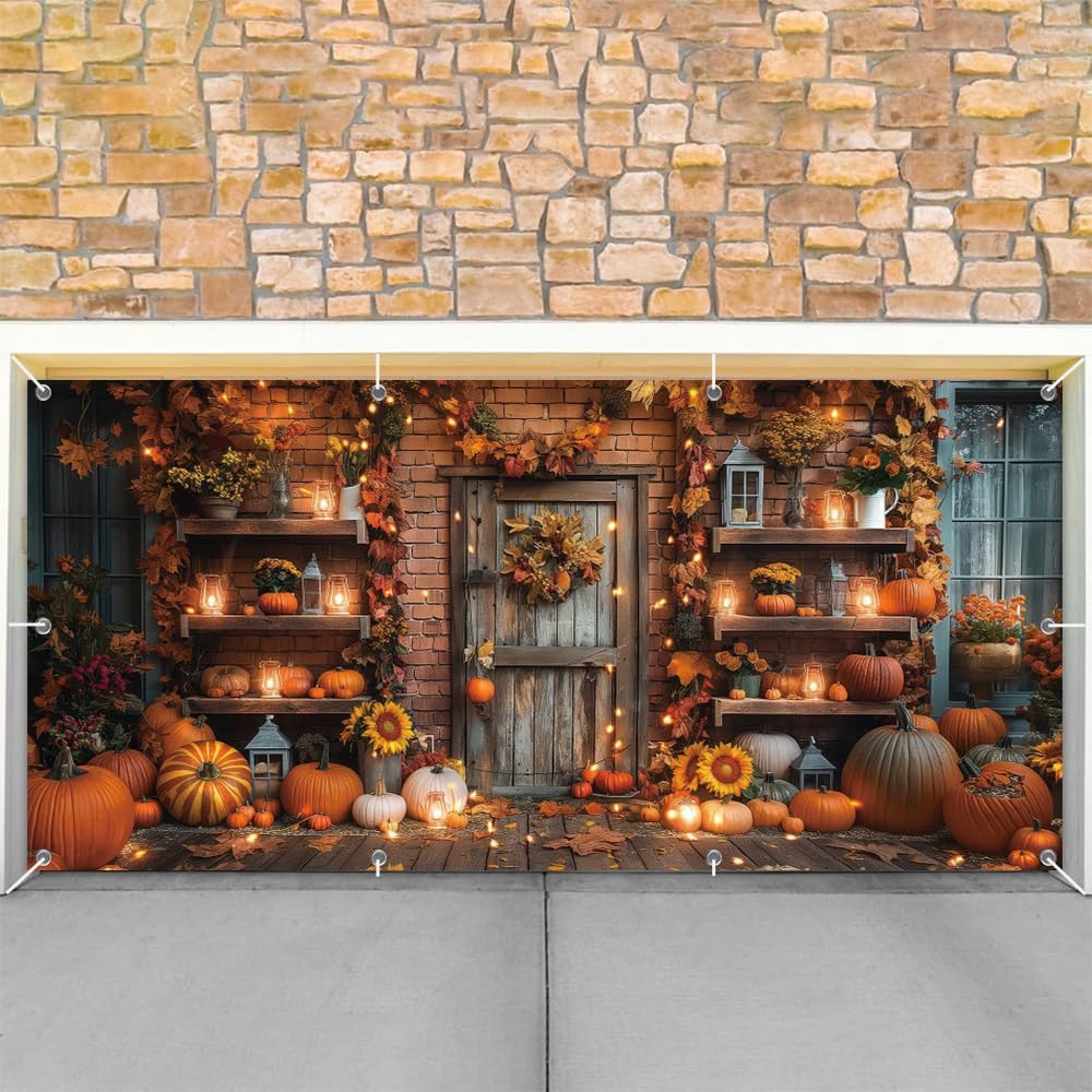 Fall Thanksgiving Garage Door Cover Decorations Banner Backdrop 7x16ft,Large Hanging 2 Car Autumn Garage Door Cover,Rural Barn Pumpkin Backdrop Wall Decor for Indoor Outdoor Holiday Decorations