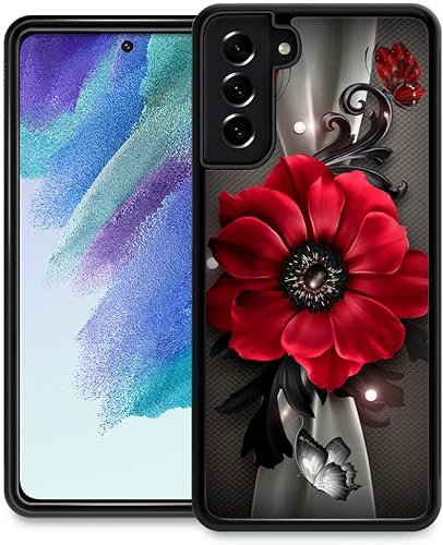 ZHEGAILIAN Funda compatible con Samsung Galaxy S21 FE 5G, diseño de mariposas y flores rojas, Galaxy S21 FE 5G, antideslizante, absorción de