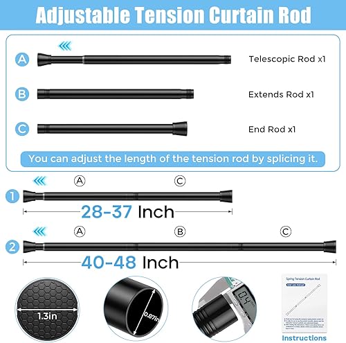 Miniatura 2 de 2 unidades de varillas de tensión negras para ventanas de 28 a 48 pulgadas, barra de cortina ajustable de 78" de diámetro, varilla de tensión de