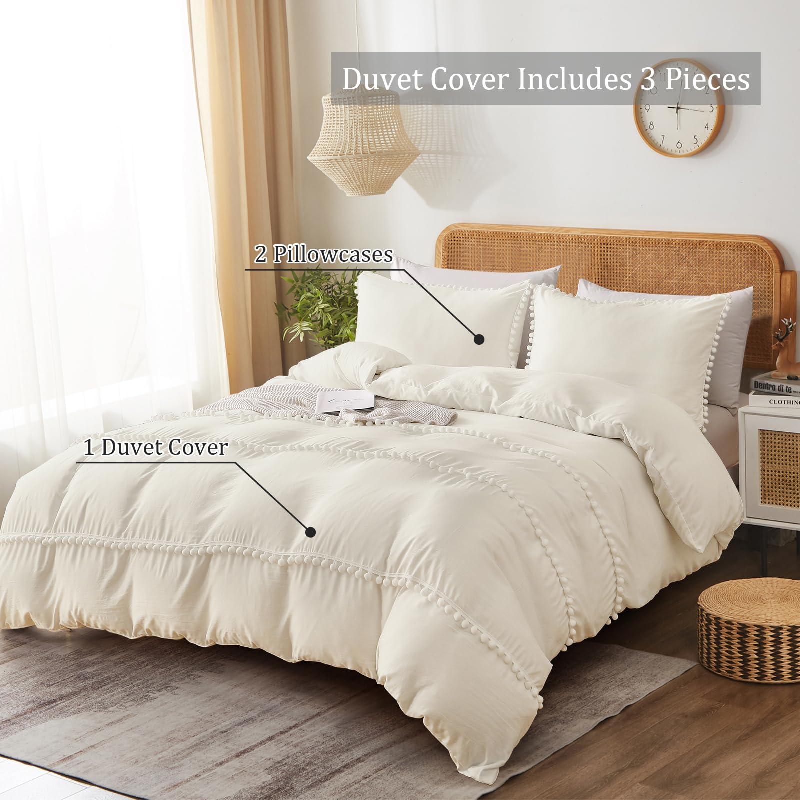 Fondream Beige dekbedovertrekset, dubbele maat, pomponkwastjes, ontwerp beddengoedsets, zachte en lichtgewicht microvezel dekbedovertrek (beige, 3 stuks