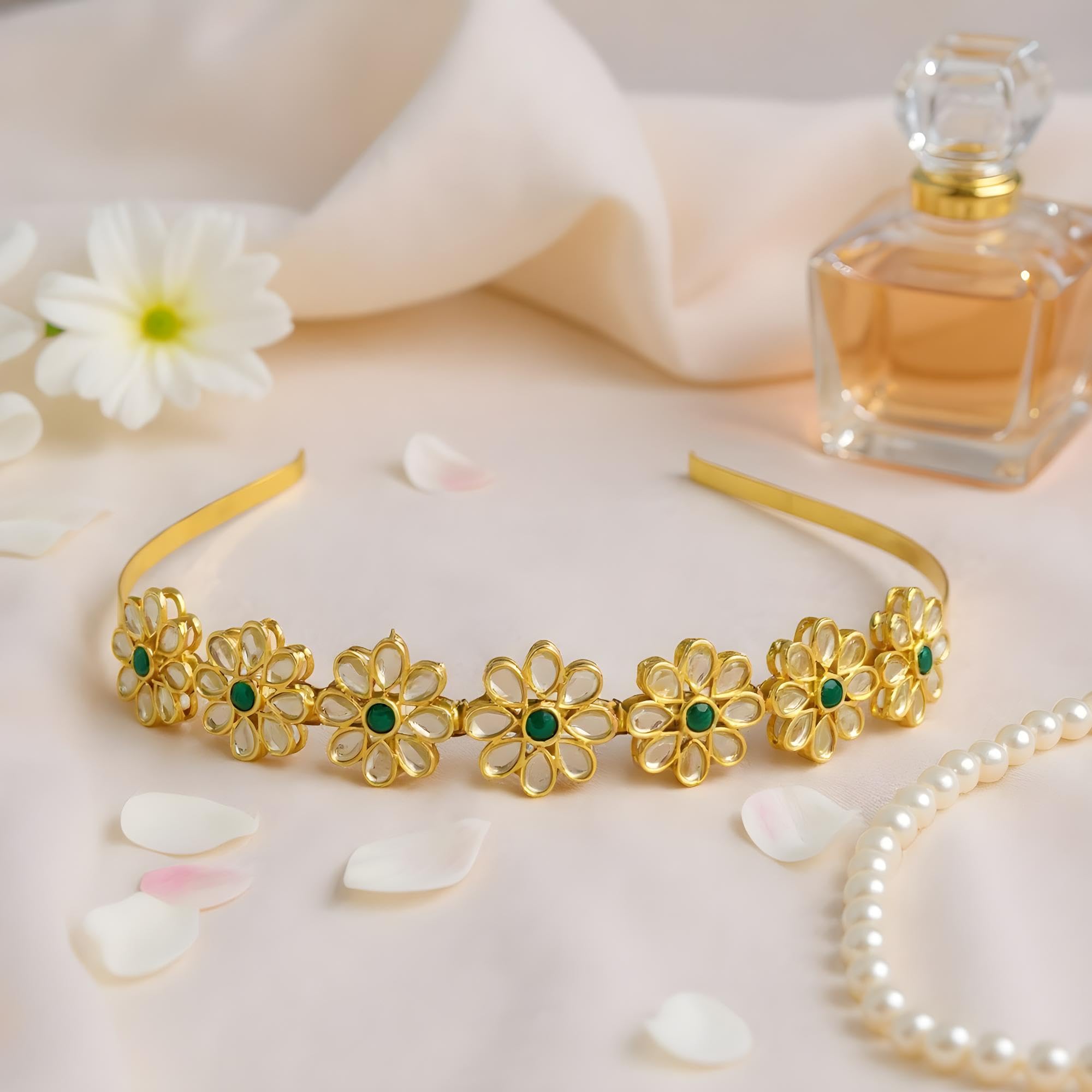 OMID, Gold-Plated Designer Floral Headband for Women & Girls β Kundan Style Hair Accessory with Green Center Stones 1