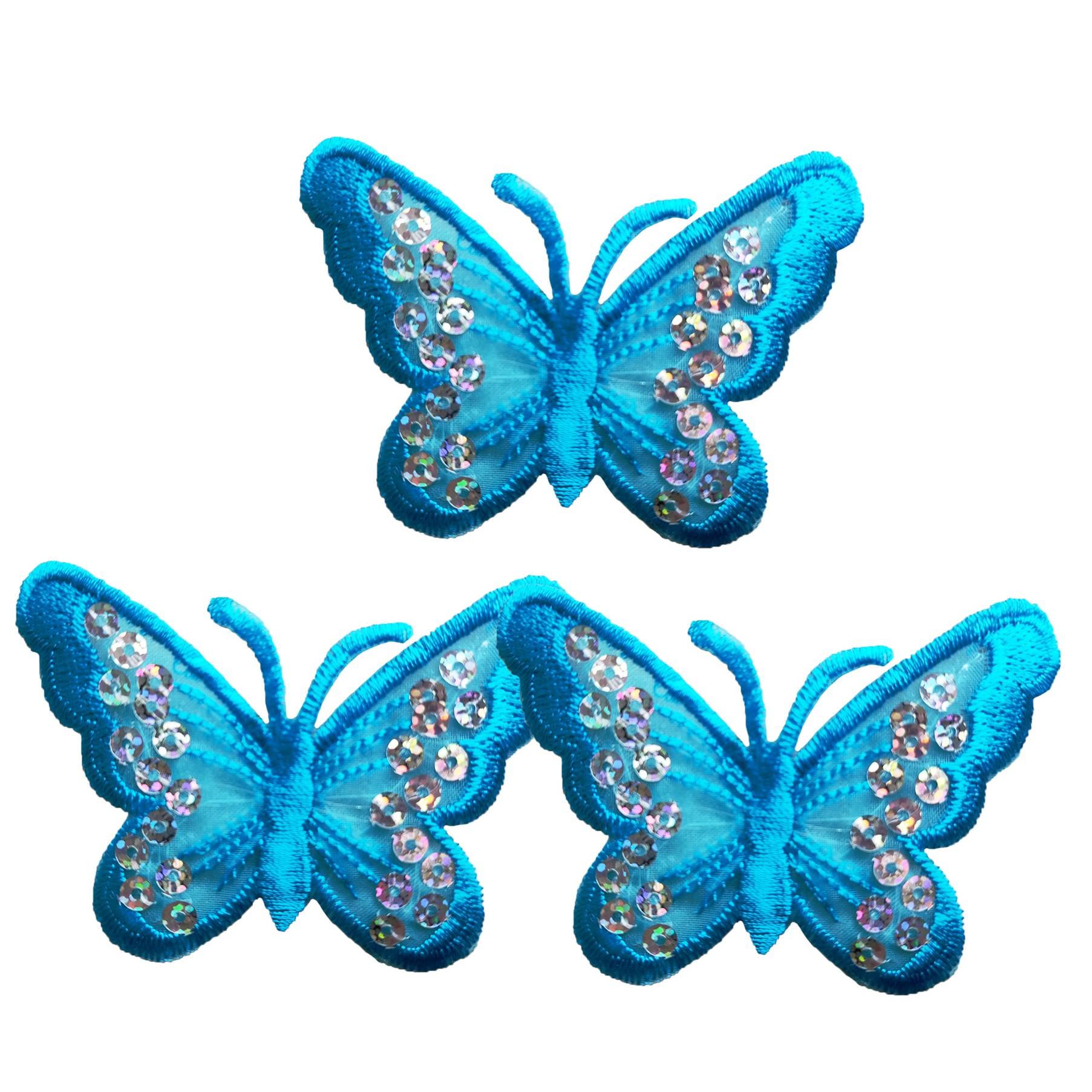Iron-on Sequin Butterfly Patch, 3Pieces Blue Butterfly Iron On/Sew on Patch, Embroidered Patch Emblem Badge for Backpacks,Jeans, Girl Skirt (Blue)