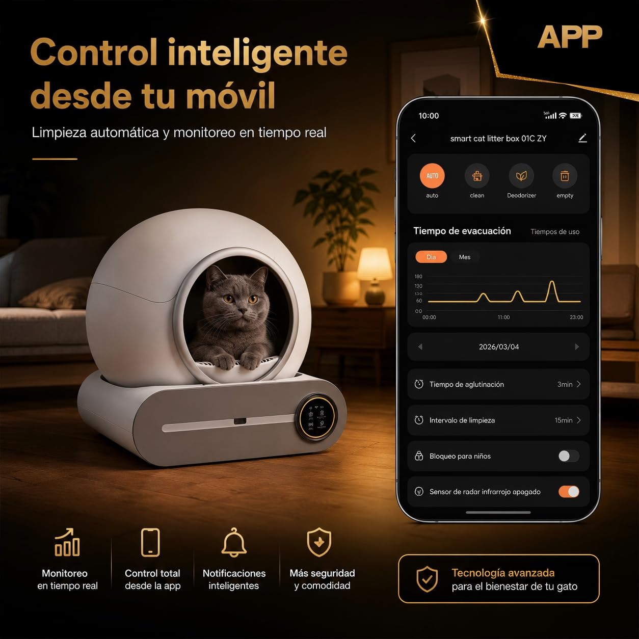 PGD​​SGA Arenero Automático para Gatos Autolimpiable con App, 65+9L, Desodorización por Iones Negativos, Control Inteligente de Seguridad, Incluye 5 Rollos de Bolsas, Ideal para Varios Gatos