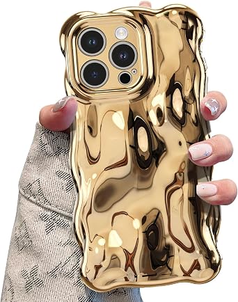 UEEBAI Ripple Case for iPhone 14 Pro Max, Cute Silver Cover Wave Shape for iPhone Case Pretty Aesthetic 3D Phone Cover, Water Ripple Shell 3D Chrome Design for Women and Girl, Gold