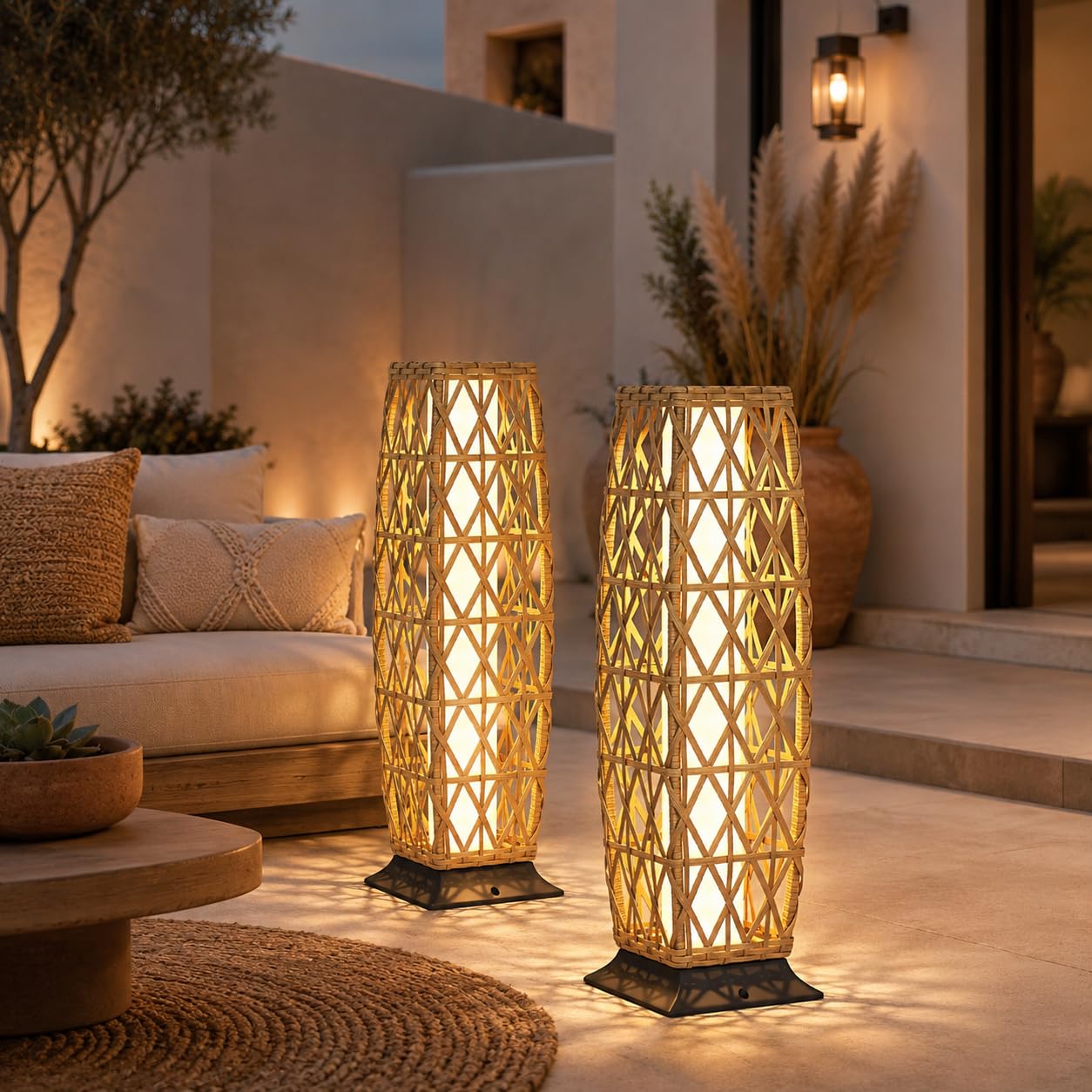 Grand patio 2-Piece Outdoor Floor Lamp Solar Lantern, Water-Resistant Wicker Boho Patio Light with 50/100 Lumens Dual Brightness &amp; Memory Mode for Garden Porch Deck Decor, Large Cindy Natural