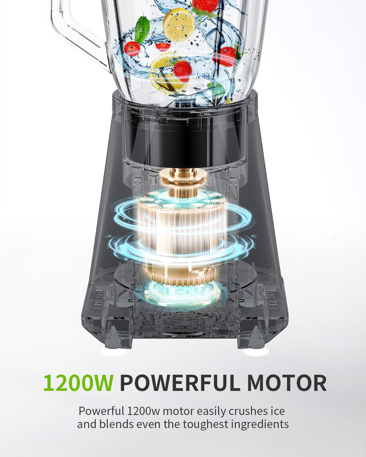 GDOR Mixeur en verre 1200 W 2 en 1 avec pichet en verre de 1,5 l et gobelet de voyage de 650 ml - 3 vitesses - Mixeur professionnel pour smoothies, shakes, boissons glacées, sauces