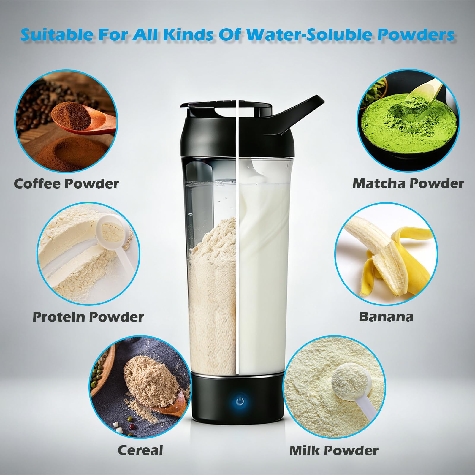 Whirlpower - Botella mezcladora eléctrica, 34 onzas para mezclas de proteínas, sin BPA, vaso mezclador portátil, vasos recargables y batidos de reemplazo de comidas (negro)