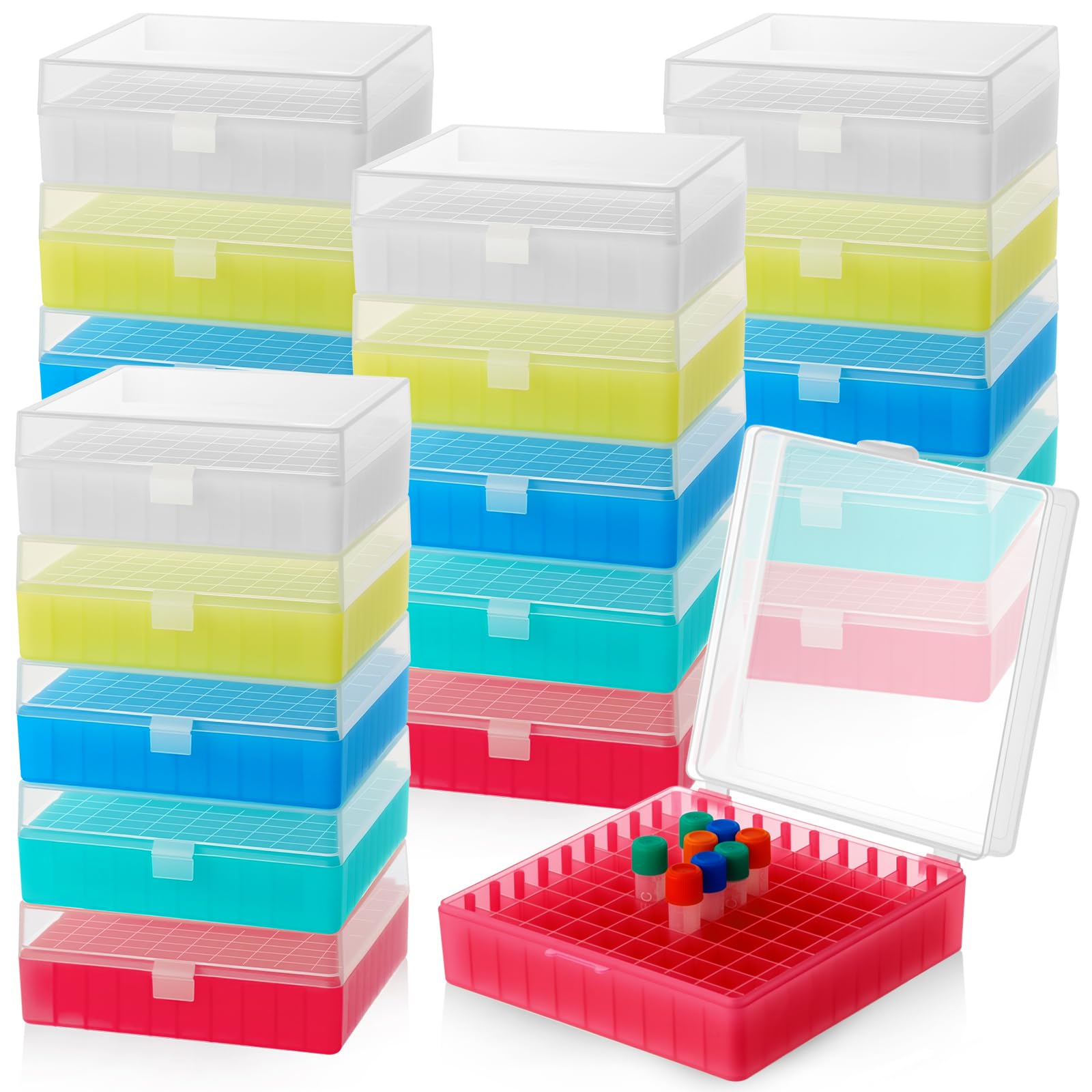 Kingdder 20 Pack 100 Holes Centrifuge Tube Cryogenic Storage Box with Snap Clasp Polypropylene Freezer Box Centrifuge Tubes Holder Rack with Lid Fit 0.5/1.5/2.0 ml for Lab Vial Storage (Colorful)-image-12