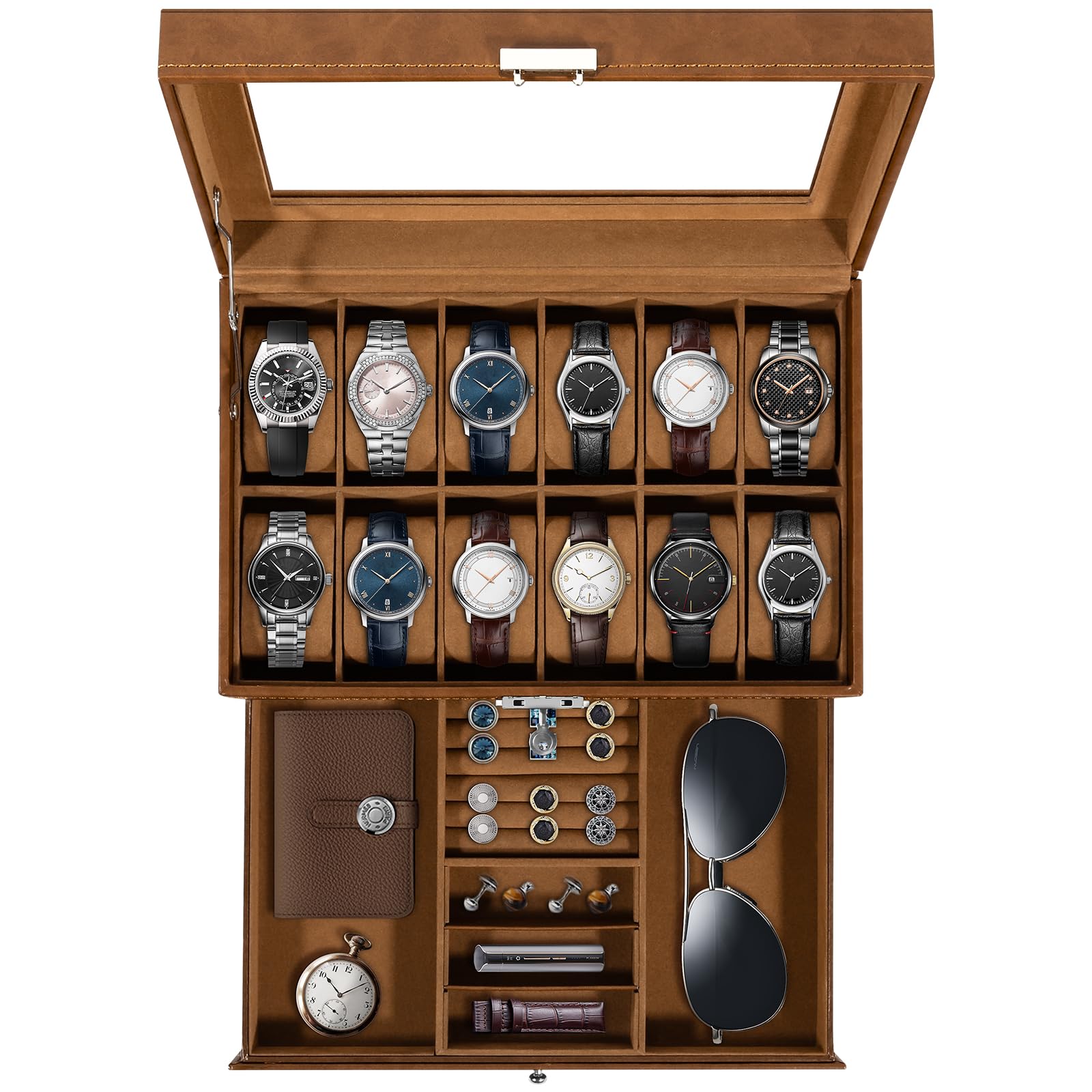 Uten Watch Jewelry Box 12 Slot, 2- Layers PU Leather with Lock, Brown