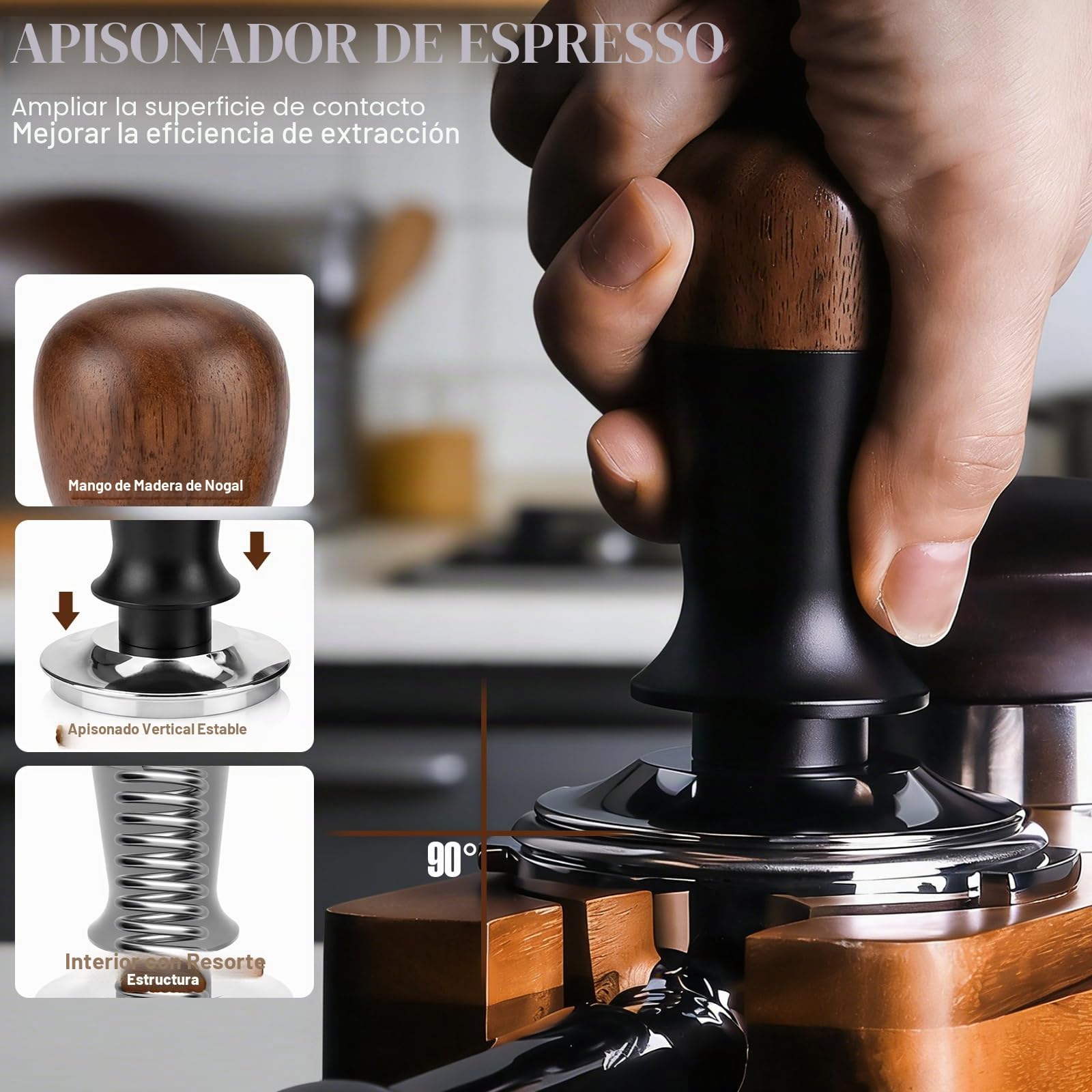 Tamper Café 58 mm Profesional, Dispensador de polvo de 58 mm y Alfombra de silicona – Kit Barista Premium para Espresso, Base Inox, Mango Madera, Herramienta de Tasado Compatible con Portafiltros, 58