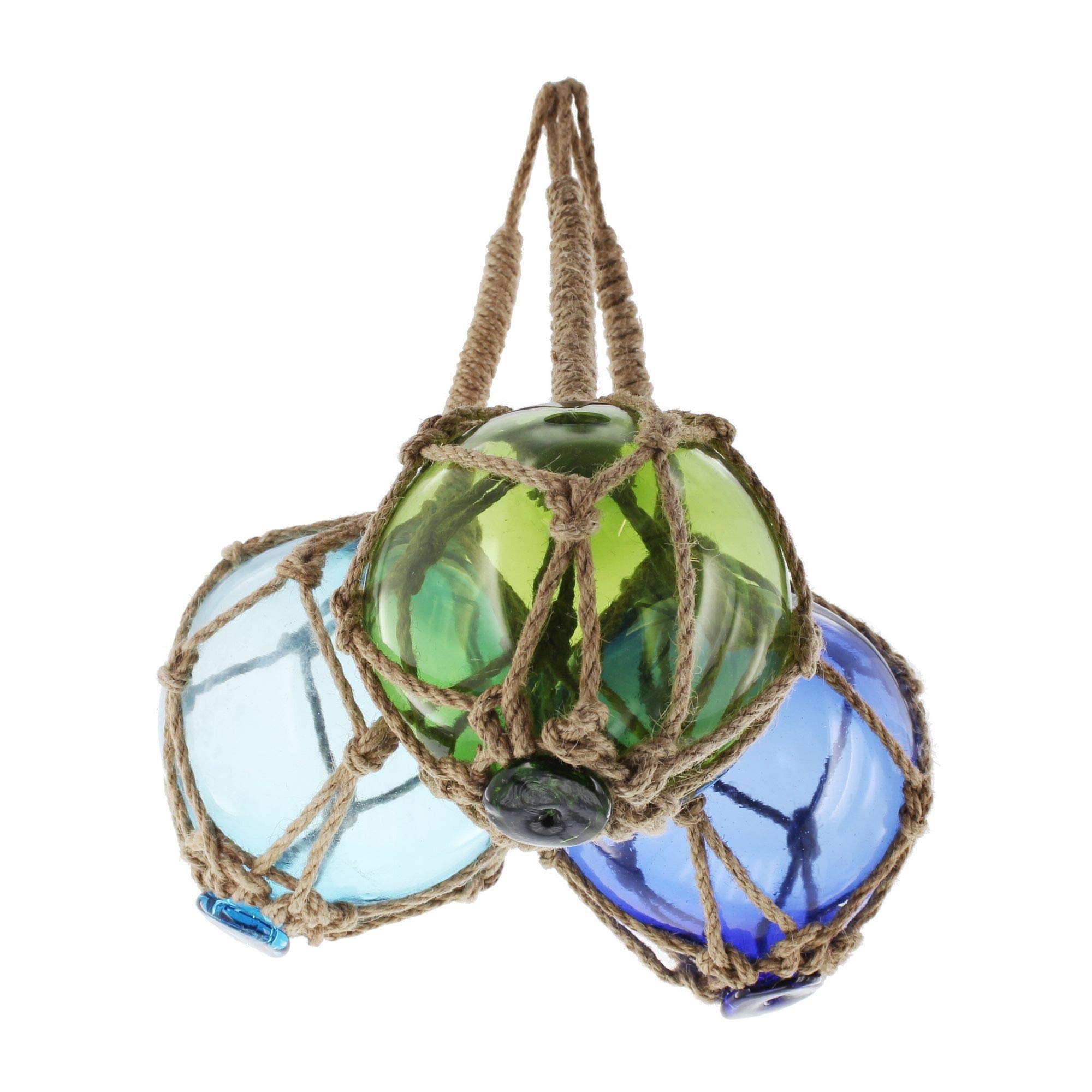 Dekoleidenschaft Lot de 3 boules décoratives en verre dans un filet de pêche, bleu, turquoise, vert, décoration marine pour jardin, décoration suspendue, boules en verre décoratives pour usage