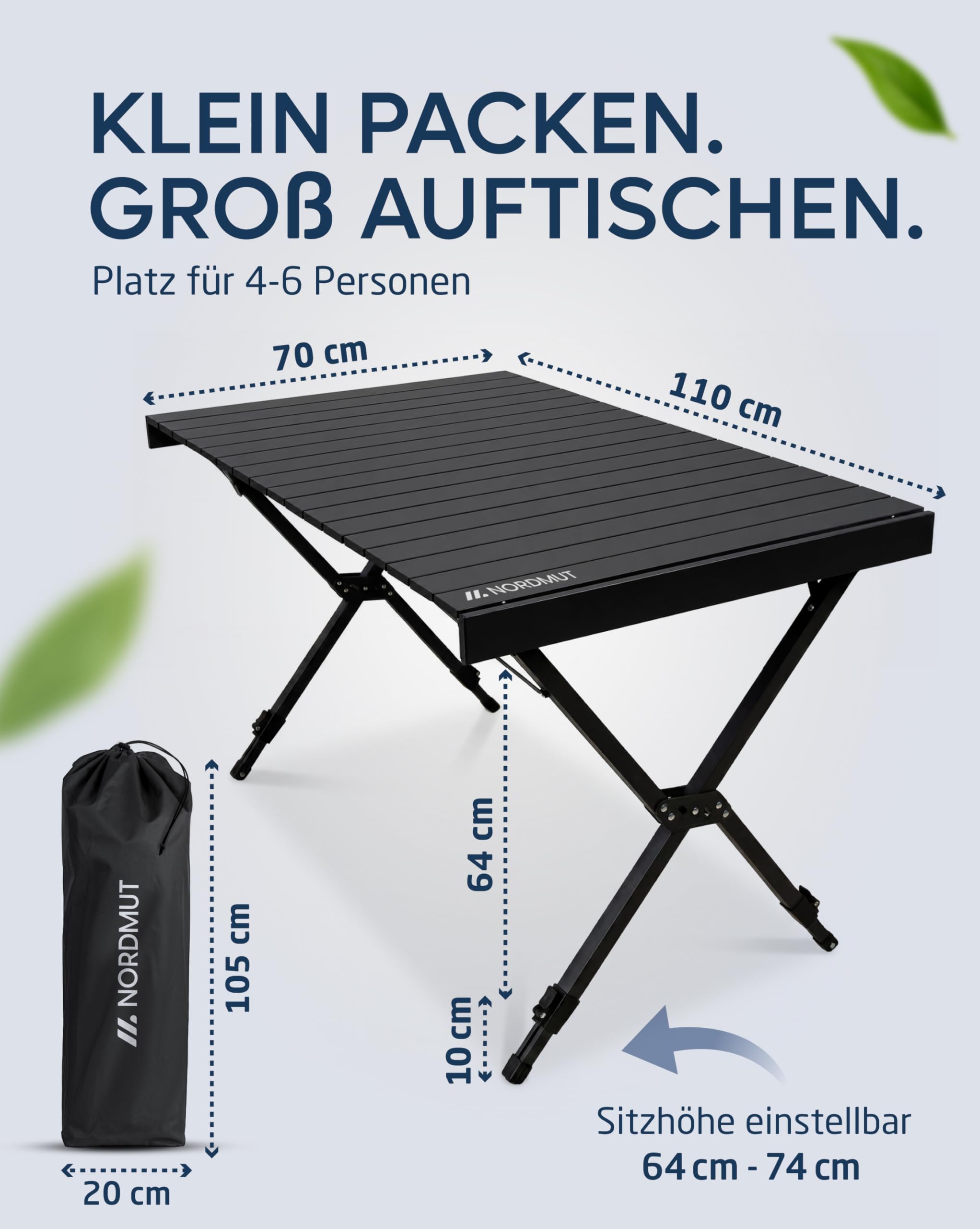 NORDMUT® Campingtisch klappbar – Hochwertiger Klapptisch Camping aus Aluminium – Rostfreier Campingtisch höhenverstellbar mit leichten Aufbau