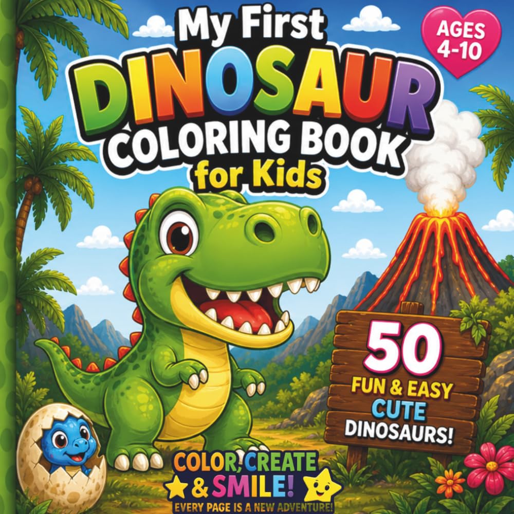 My First Dinosaur Coloring Book for Kids: 50 Fun & Easy Cute Dinosaurs | Big Simple Pages for Ages 4–10 | T-Rex & Friends