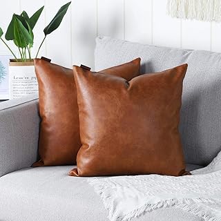 MANDIOO Set of 2 Faux Leather Decorative Throw Pillow Covers Modern Solid Outdoor Cushion Cases Luxury Pillowcases for Couch Sofa Bed 16x16 Inches Brown
