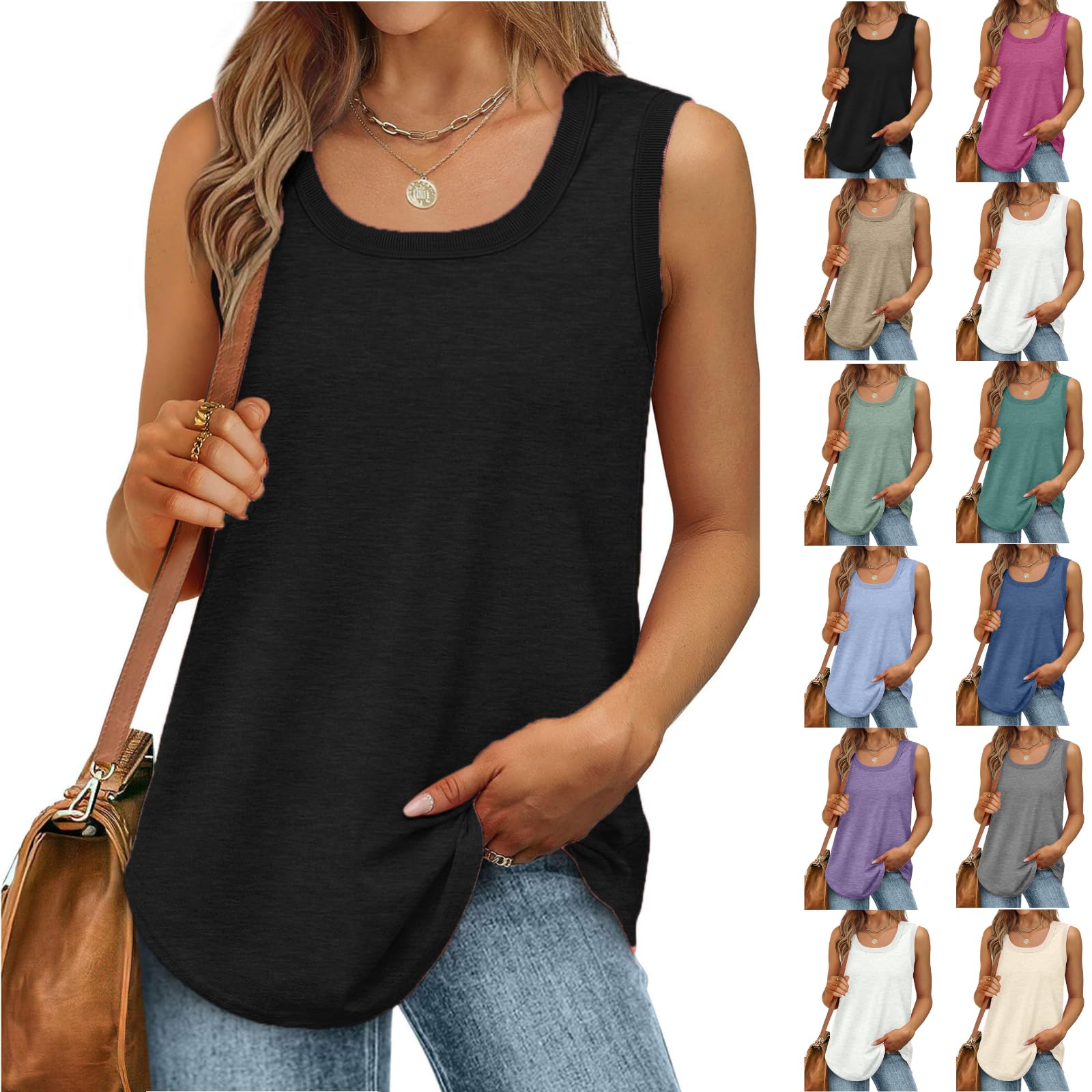 Tank Tops for Women Summer Loose Sleeveless Tops Loose Fit Ribbed Trim Scoop Neck Curved Hem Top 2025