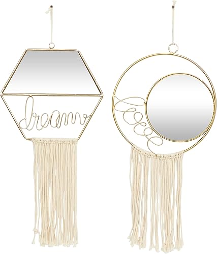 Deco 79 Espejo de pared de metal hecho a mano con borlas de flecos, juego de 2 27 pulgadas, 28 pulgadas de alto, dorado
