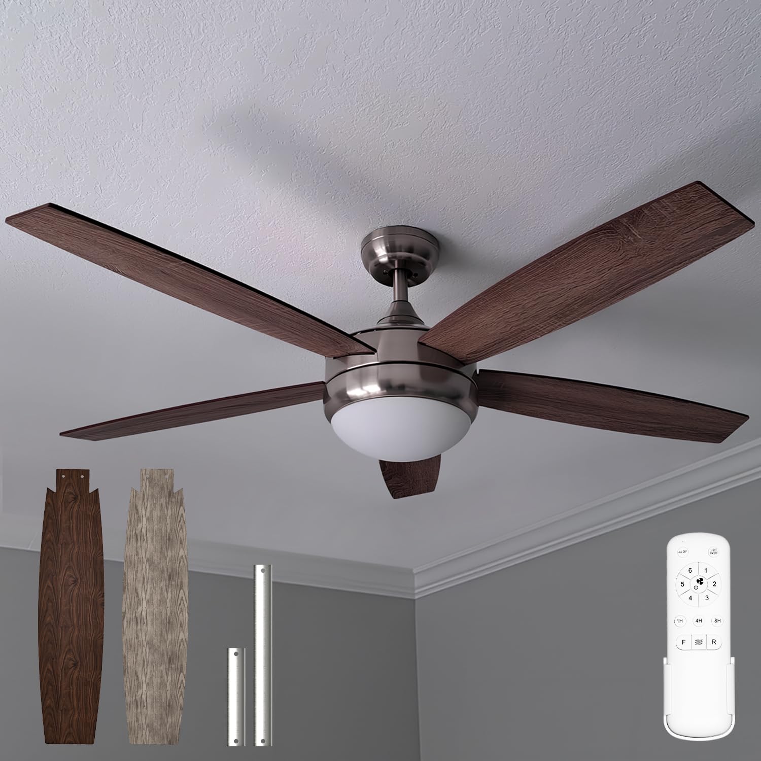 52 Inch Modern Ceiling Fan with Light & Remote Control, 6-speed/Quiet DC Motor/5 Double-sided Blades/Low Profile Ceiling Fan, Brushed Nickel Body, for Bedroom Living Room Kitchen Garage Patio