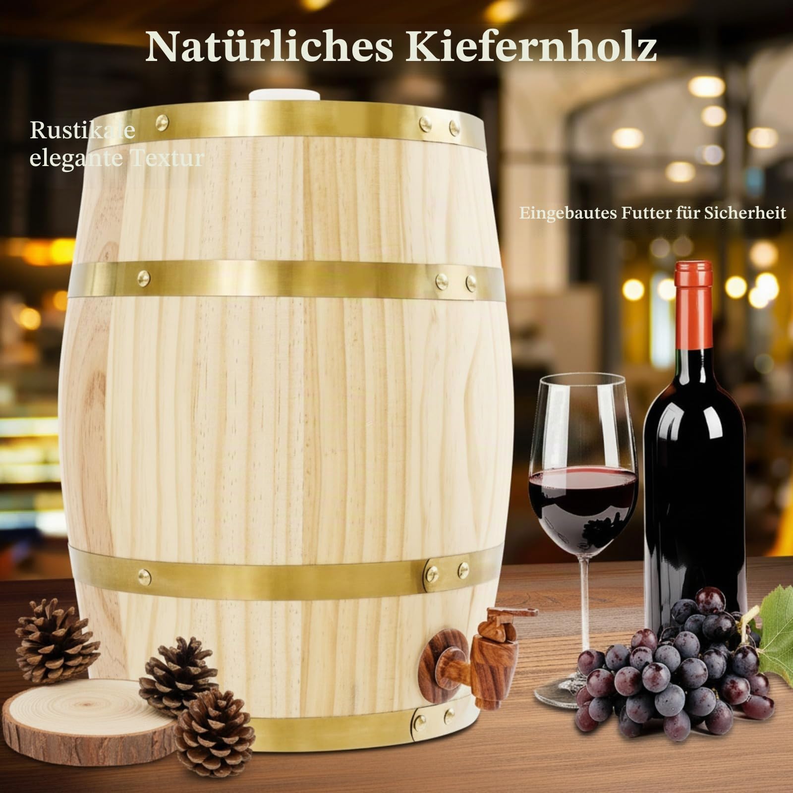 10 Liter Holzfass, Weinfass mit Zapfhahn, Weinbehälter, Belastbarkeit 30 kg für die Lagerung von Whisky, Tequila, Wein, Bier usw - BxH 26 x 33 cm