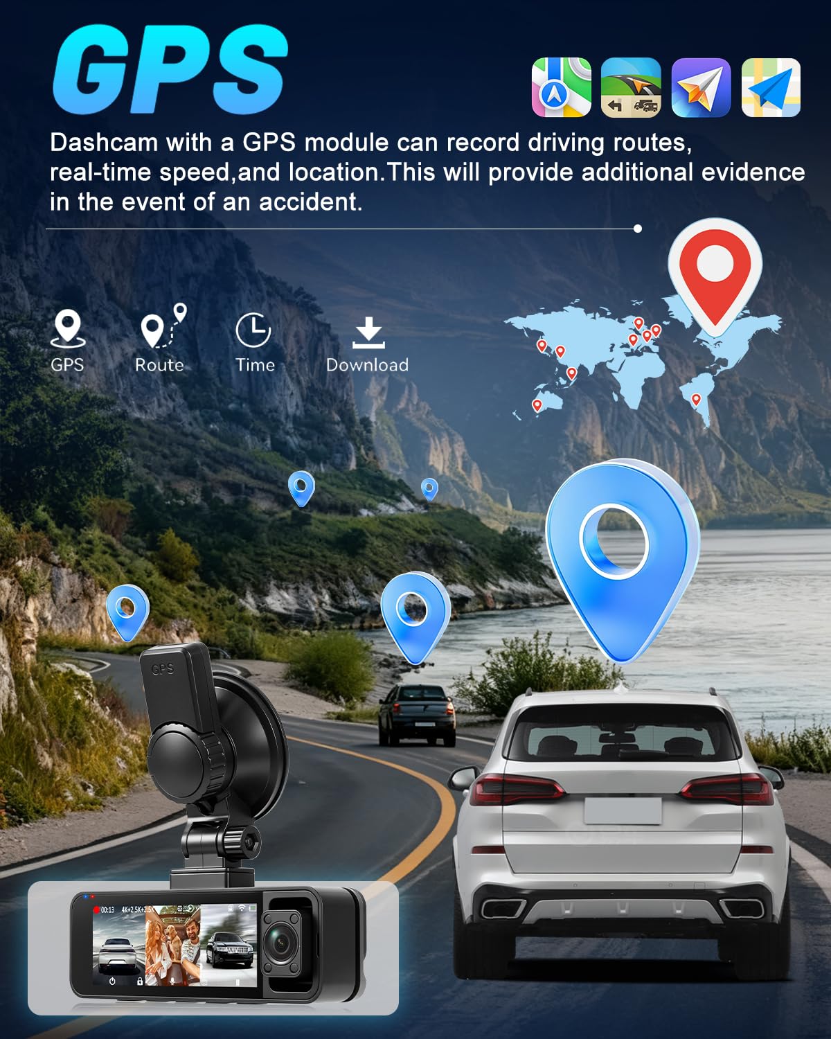 NHOPEEW Dash Cam Wi-Fi a 3 canali 4K+2,5K con Telecamere a 360°