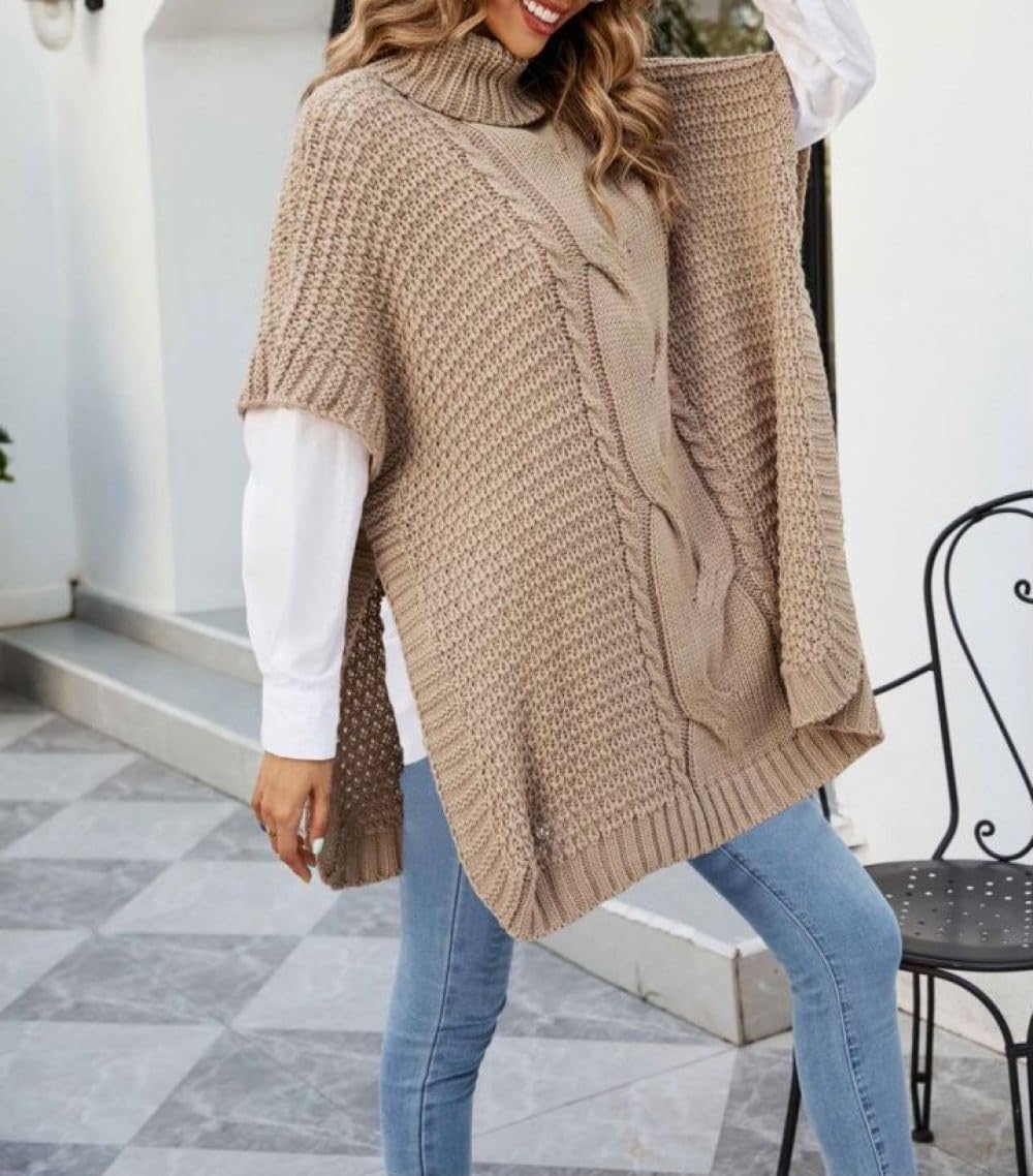 Dolcevita Invernale da Donna Poncho Lavorato A Maglia con Scialle Maglione Maglione Mantella Avvolgente, Maglione Oversize A Mezza Manica Lavorato A Trecce, Maglione Casual A Maglia Grossa con Spacc