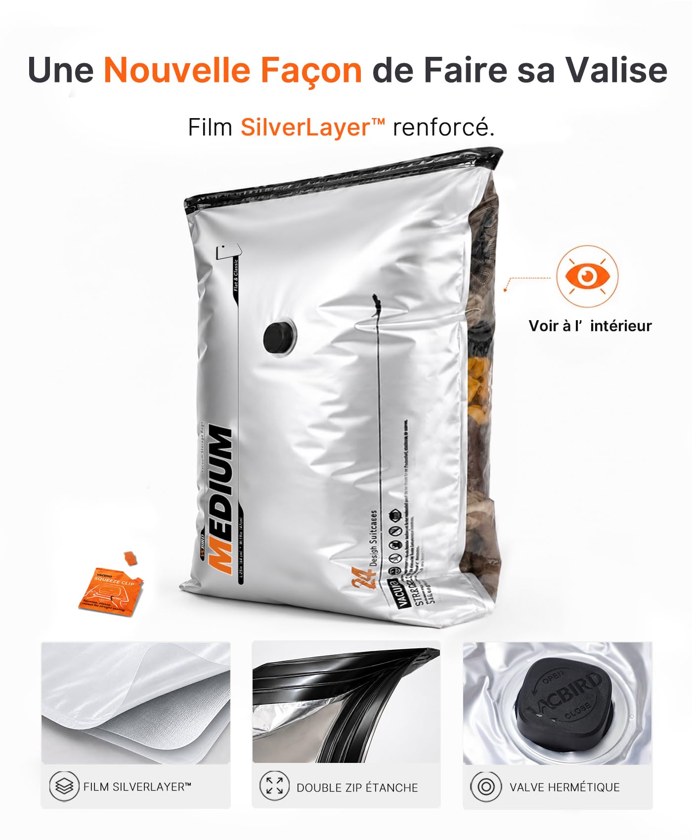 Vacbird 10 Sacs Sous Vide Vetement Aspirateur et Pompe à Vide Rechargeable par USB, 5 x 40x54cm, 5 x 47x64cm, Sac Sous Vide Voyage Résistant–Idéaux pour Voyager et Organiser Vos Bagage