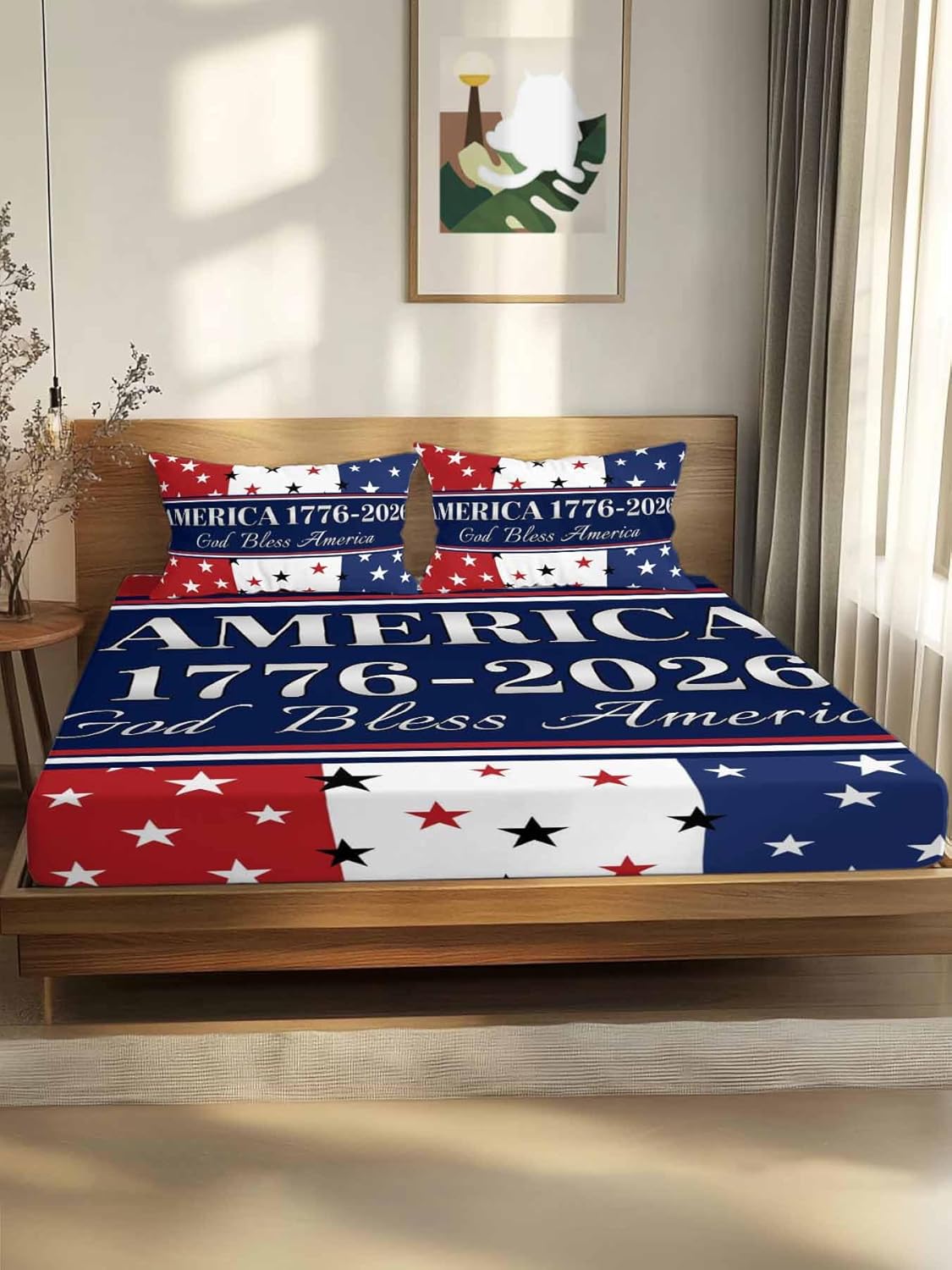 Queen Size Fitted Sheet Set - America Flag 3 Piece Bedding Sets 16" Deep Pocket Fitted Sheet with 2 Pillowcases, Red Blue White Star Independence Day Brushed Microfiber Hotel Luxury Bed Sheets