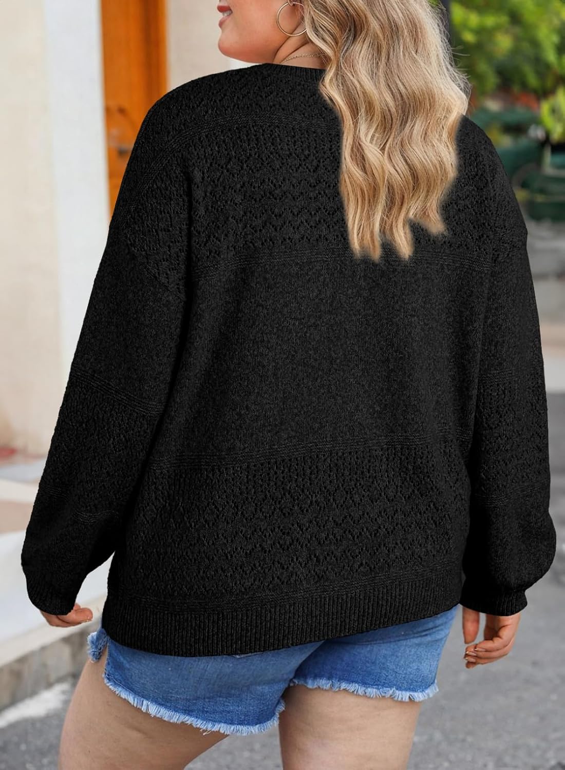 Eytino Womens Plus Size Sweater Casual Long Sleeve V Neck Crochet Knit Lightweight Pullover Sweater Tops(1X-5X) - Image 2