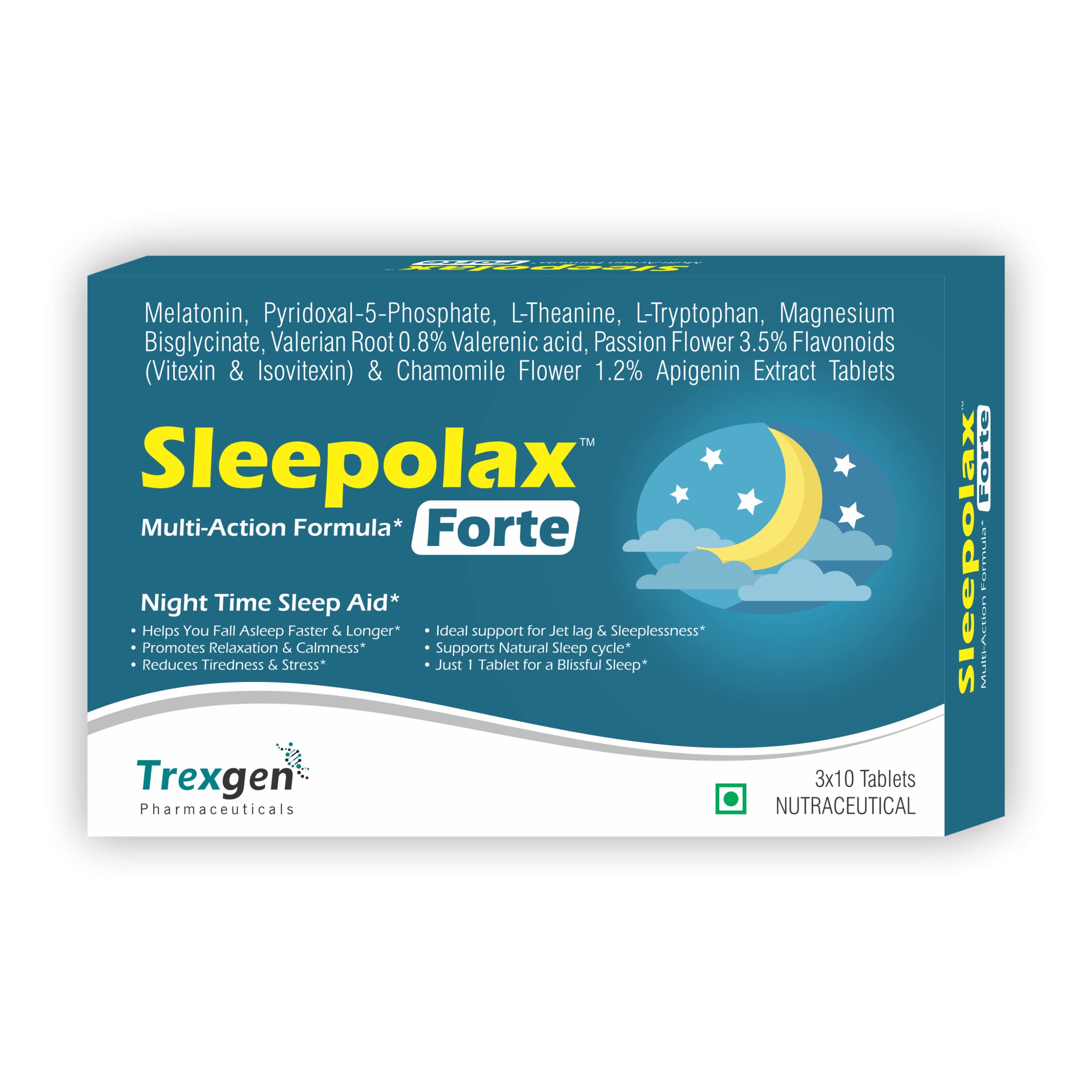 Trexgen SLEEPOLAX FORTE Advanced Sleep formula with Melatonin 10mg, P5P, L-Theanine, L-Tryptophan, Magnesium bisglycinate, Valerian, Passion flower, Chamomile (30 Tablets)-image-19