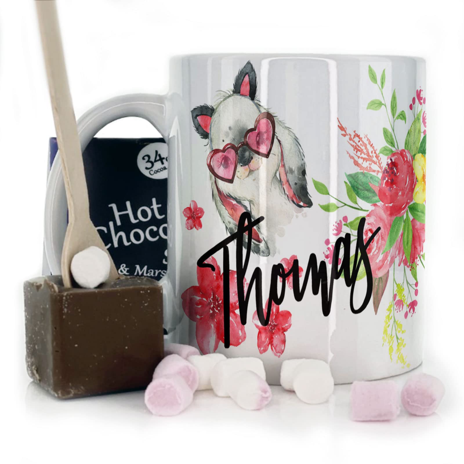 Personalised Mug and Belgian Milk Chocolate/Hot Chocolate Stirrer Marshmallow Gift Set, Custom Name (11oz) White, Yellow, Blue, Black, Pink Mug with Grey Rabbit with Heart Sunglasses & Flower Design — image 1