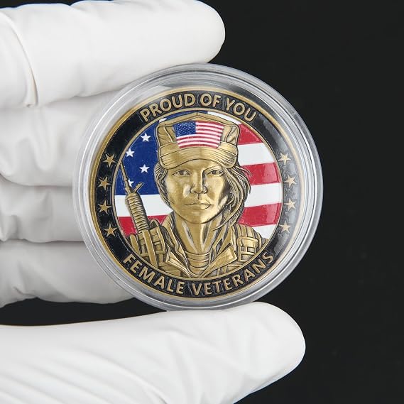 Patriotic America Female Veteran Challenge Coins Set of 5 Proud of You Military Tribute Coins with Bald Eagle Design Womens Army Navy Air Force Marines Gift with Acrylic Display Cases