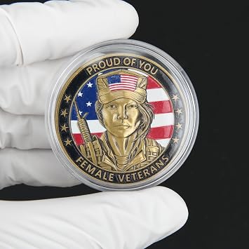 Patriotic America Female Veteran Challenge Coins Set of 5 Proud of You Military Tribute Coins with Bald Eagle Design Womens Army Navy Air Force Marines Gift with Acrylic Display Cases