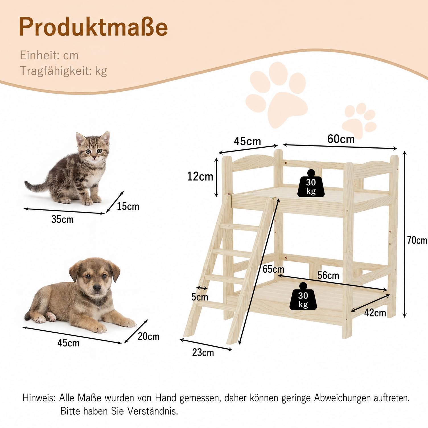Caldion Haustierbett 2 Etagen 60x45x70 cm stabiles Katzen- und Hundebett mit Leiter belastbar bis 30 kg Haustiersofa für 2 Tiere mit Platz für Katzenklo unten für Wohnzimmer Schlafzimmer