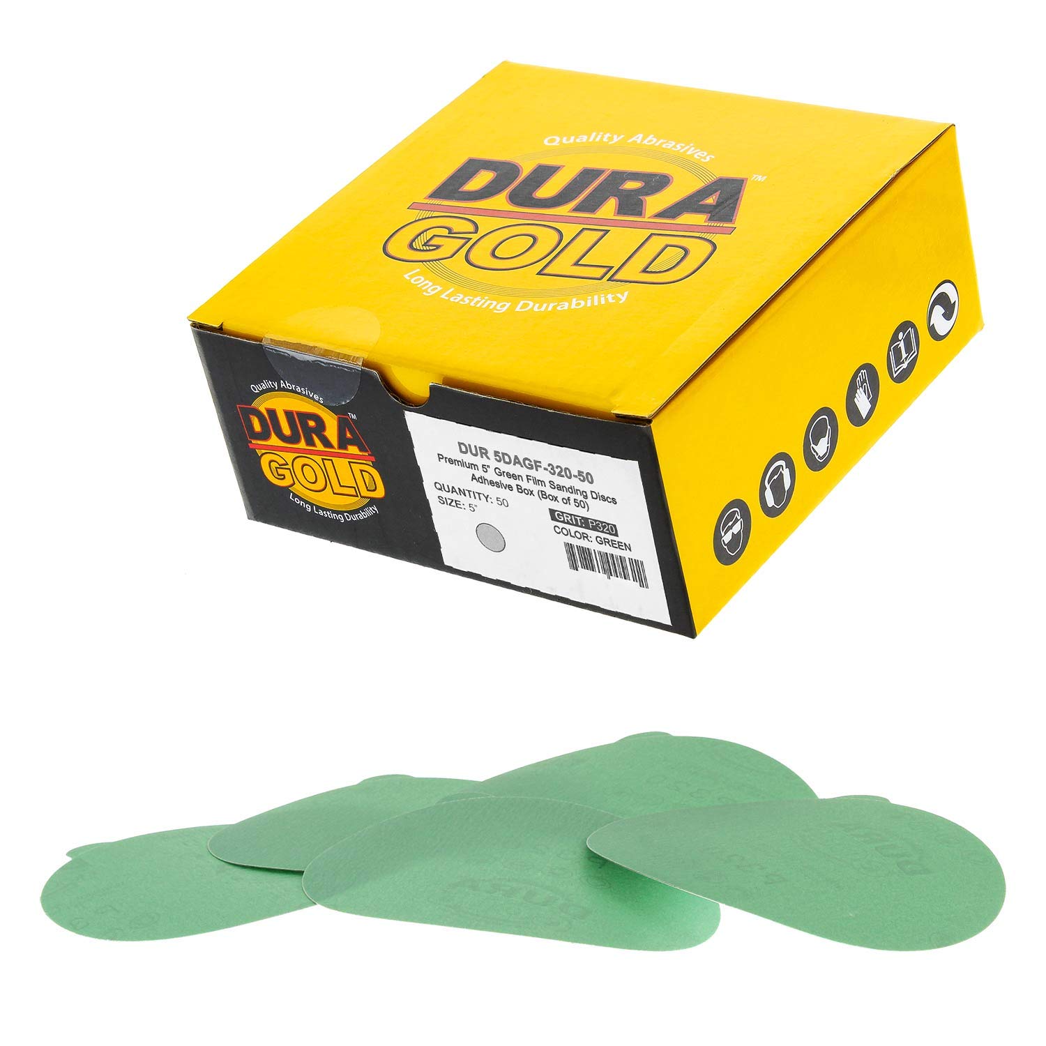 Dura-Gold Premium 5" Green Film PSA Sanding Discs - 320 Grit (Box of 50) - Film Back Self Adhesive Stickyback Sandpaper Discs for DA Sanders, Fast Cut