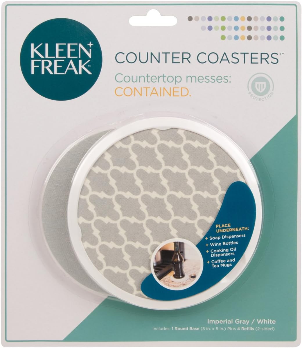 Kleen Freak Drink Coasters - Round, White Tray, Double-Sided Imperial Gray Inserts